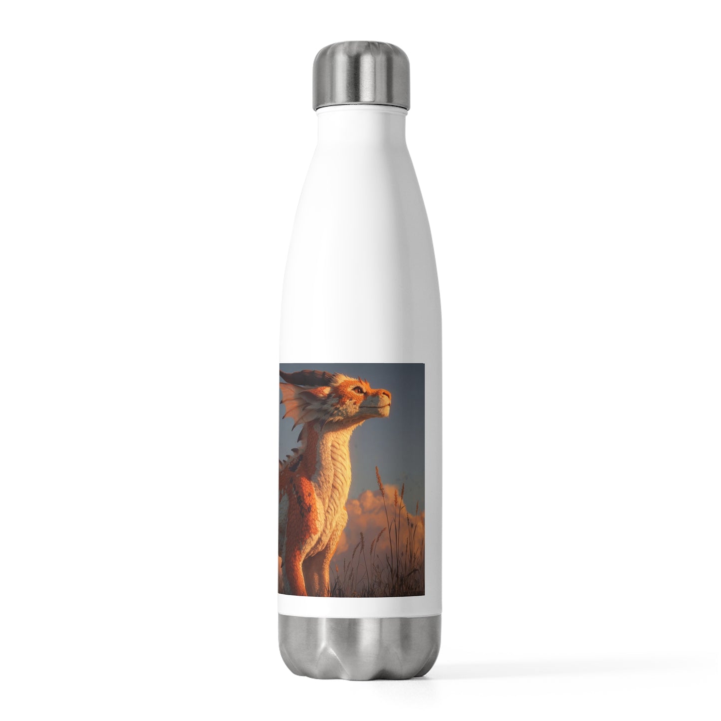 Sunset Sentinel Dragon 20oz Insulated Bottle – Warm Amber Glow Against Clouds