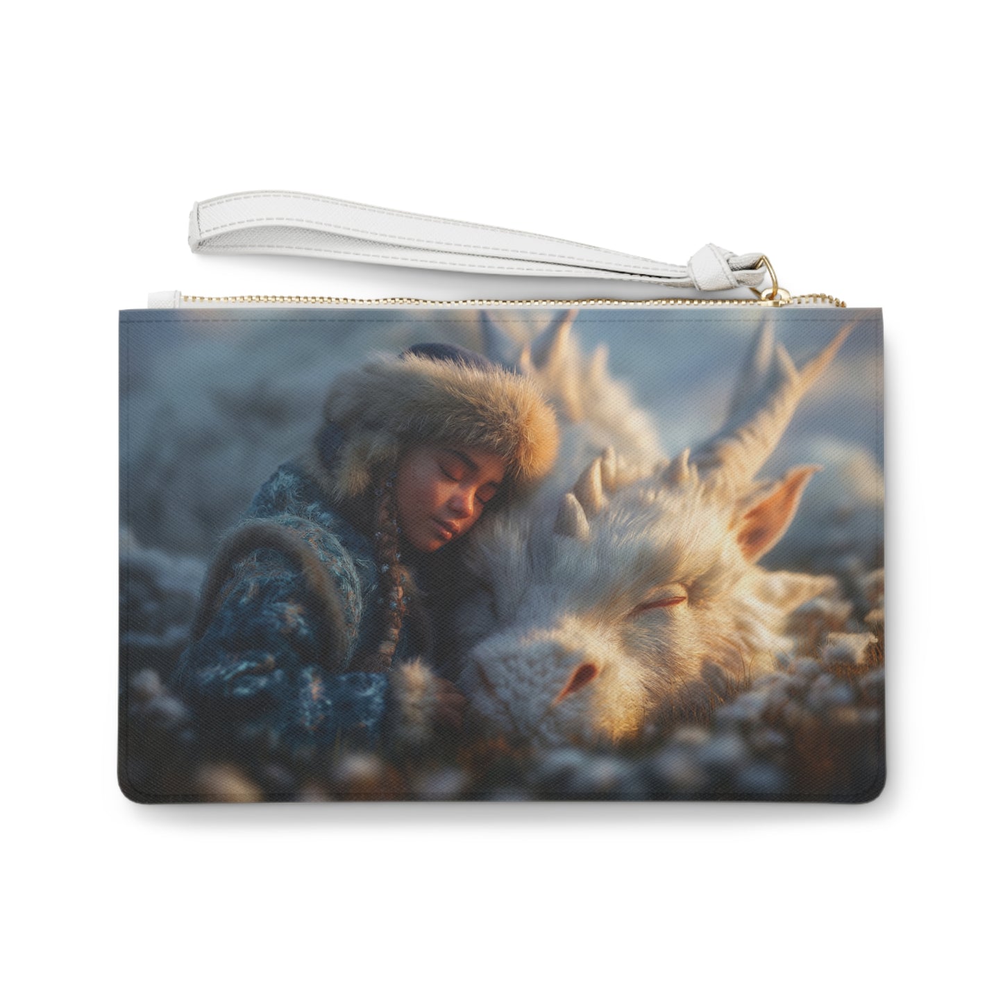 Winter Guardian Clutch Bag – Soft White Dragon & Child Resting Together