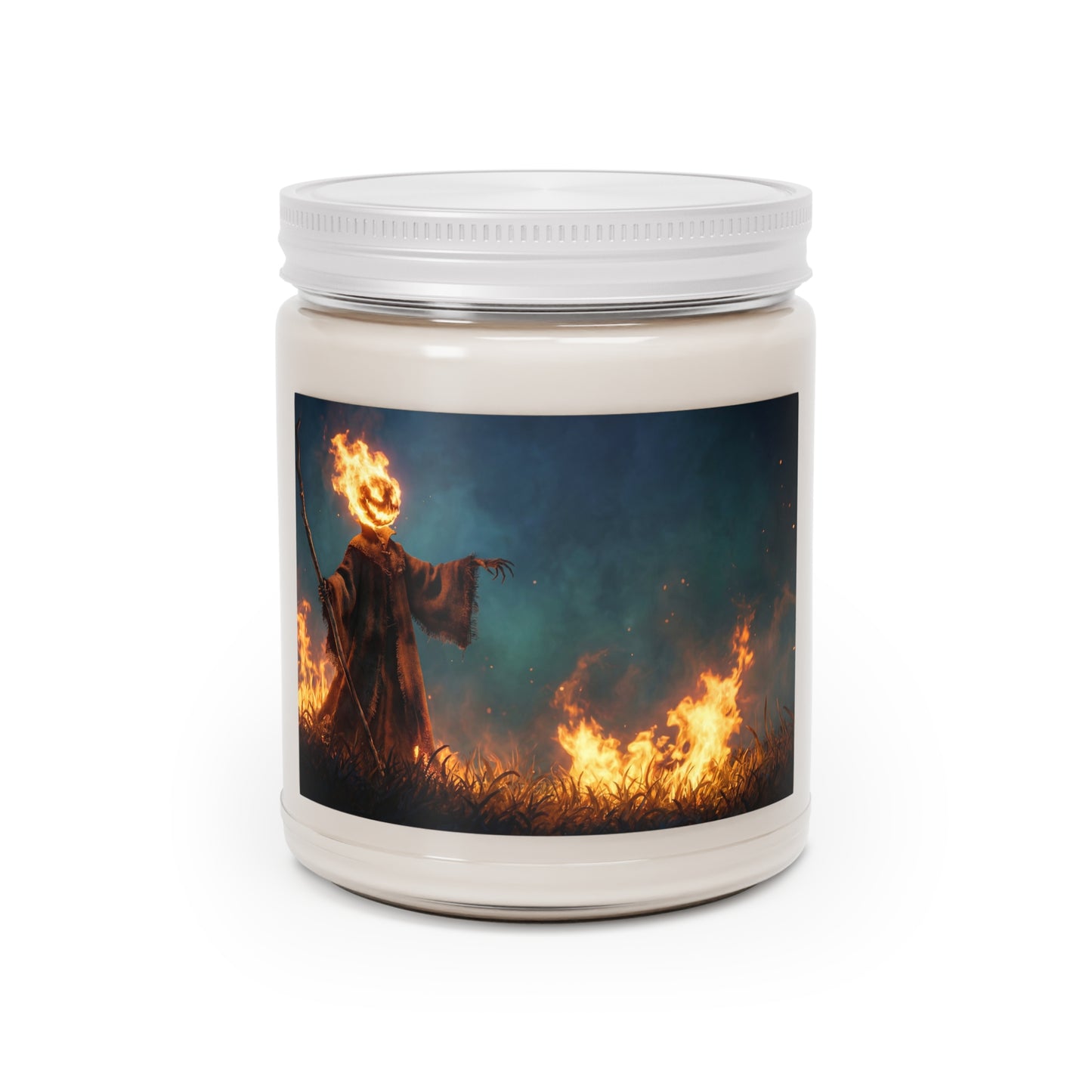 Flame-Headed Scarecrow Scented Soy Candles with White Lid, 9oz – Midnight Harvest Ritual