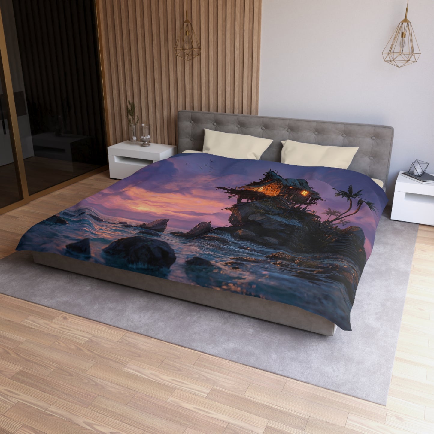 Cliffside Lighthouse Cottage Duvet Cover – Warm Light Against Twilight Seas