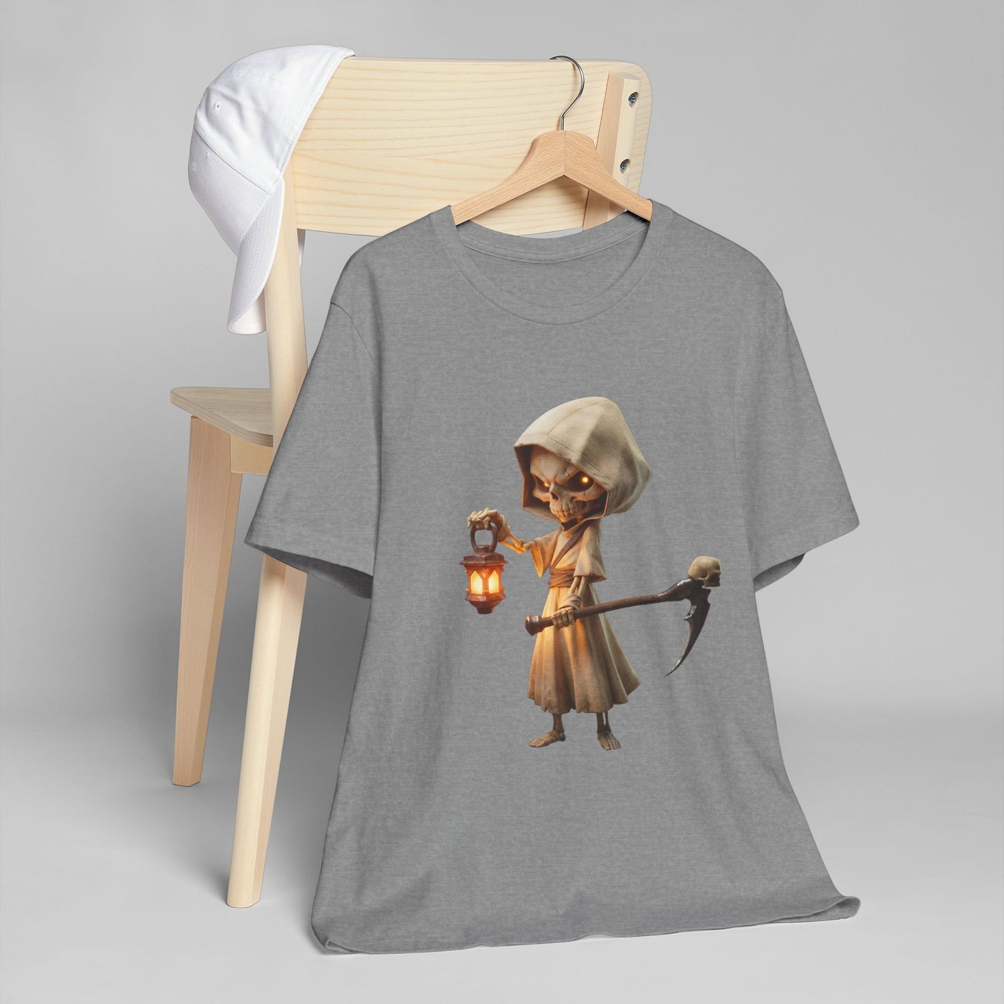 Lantern-Bearing Reaper Jersey T-Shirt – Candlelit Skeleton Sentinel