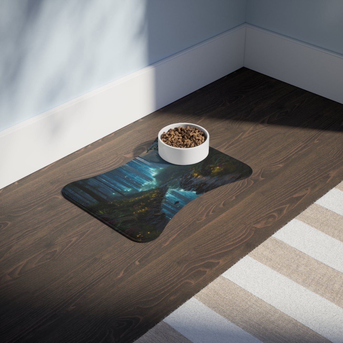 Celestial Waterfall Pet Feeding Mats – Azure Light Through Ancient Pines
