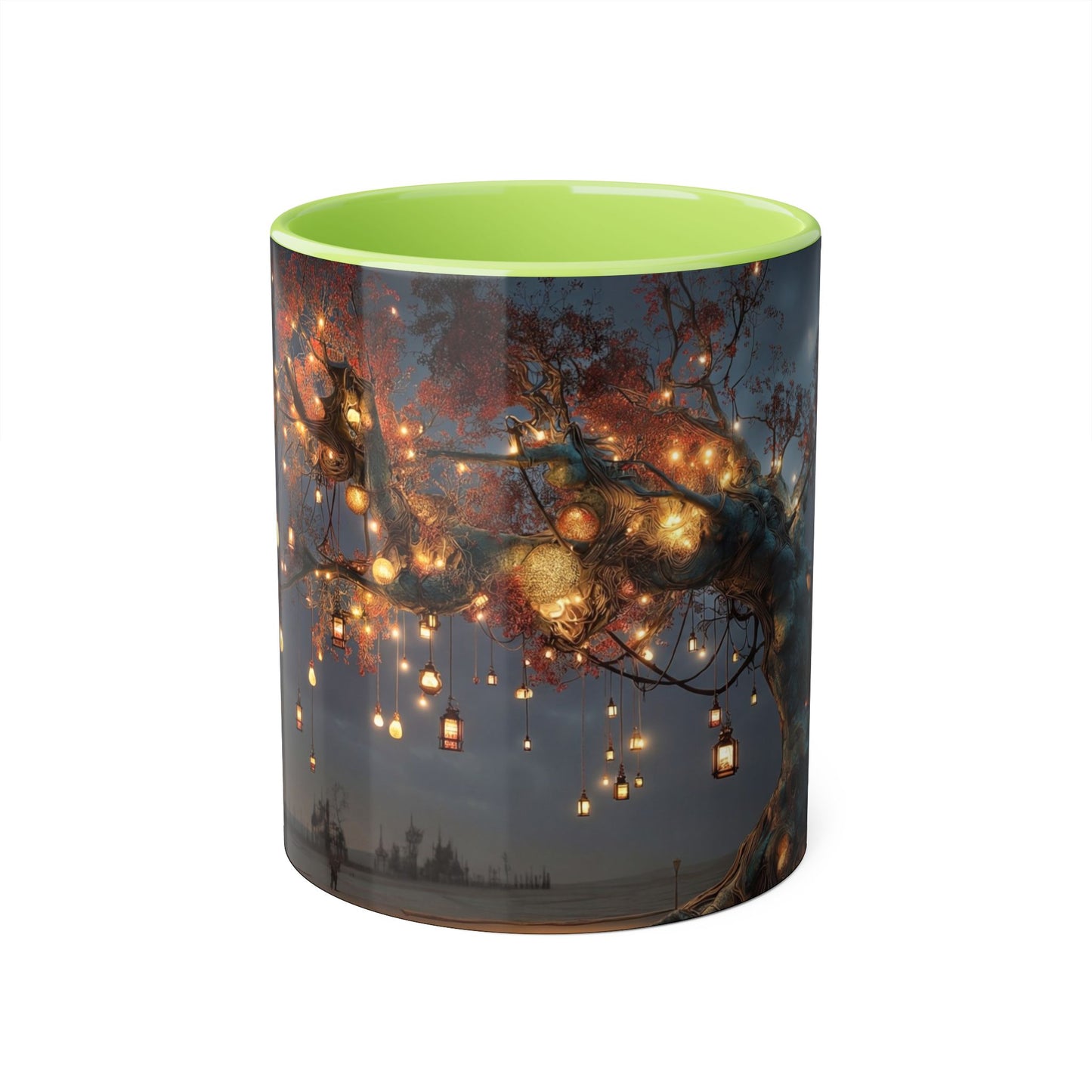 Lantern-Heavy Tree Accent Mugs, 11oz – Amber Glow Over Blue-Glowing Roots