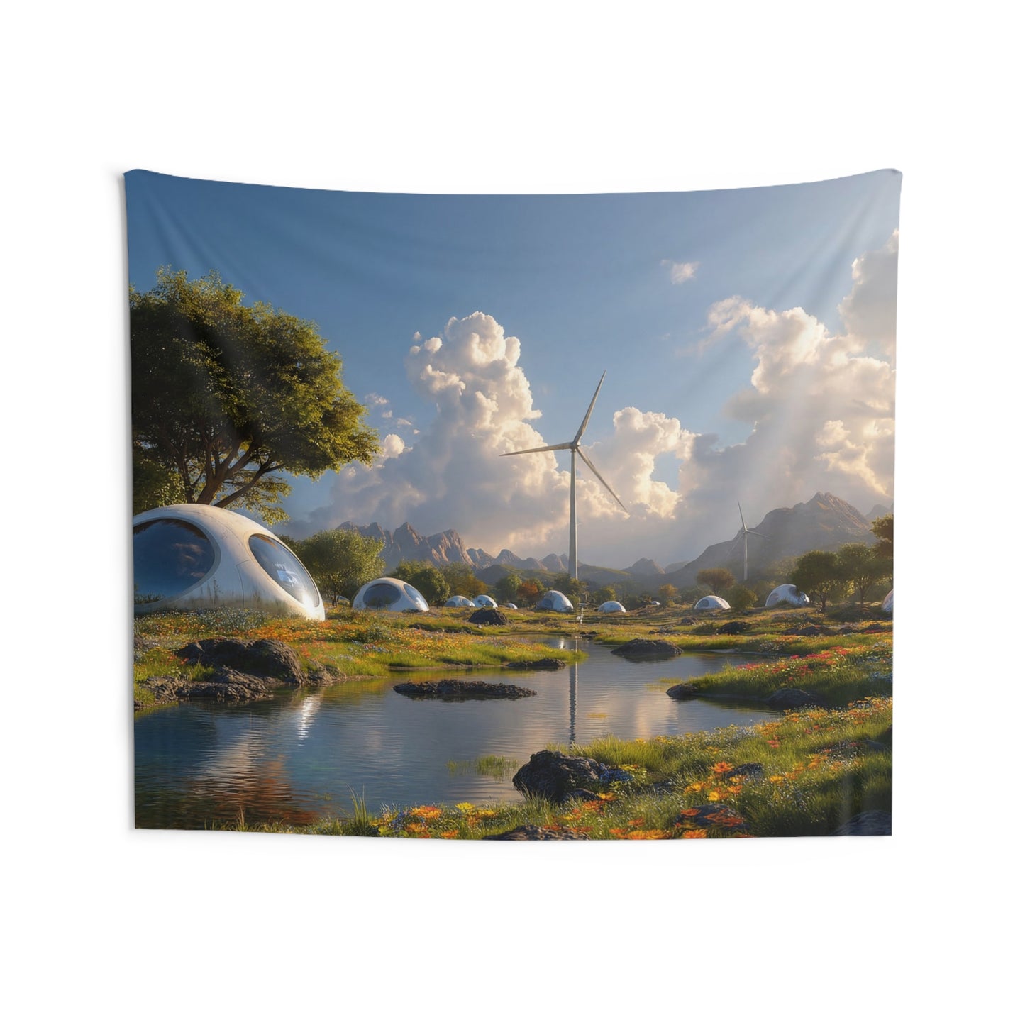 Futuristic Dome Village Indoor Wall Tapestries – Sunset Energy Dreamscape