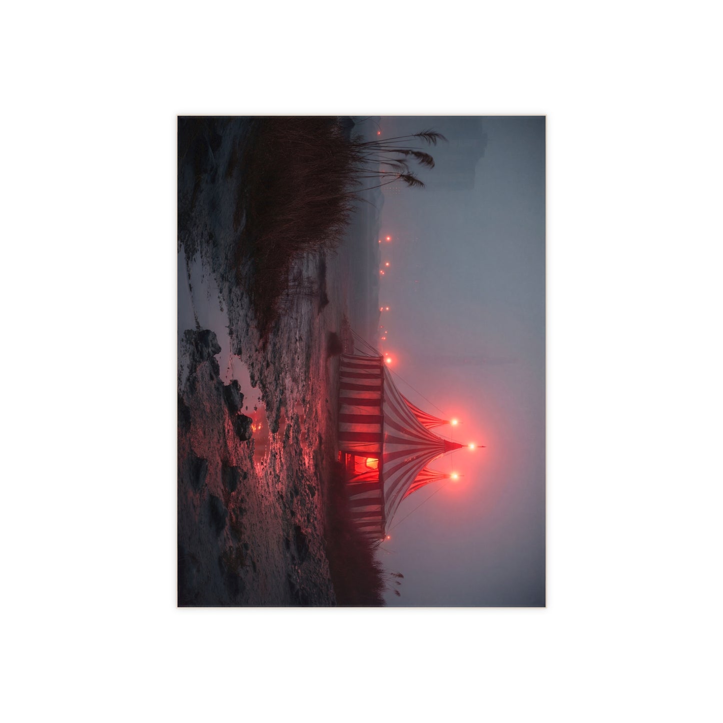 Midnight Circus Tent Ceramic Photo Tile – Glowing Red Canvas in Foggy Twilight