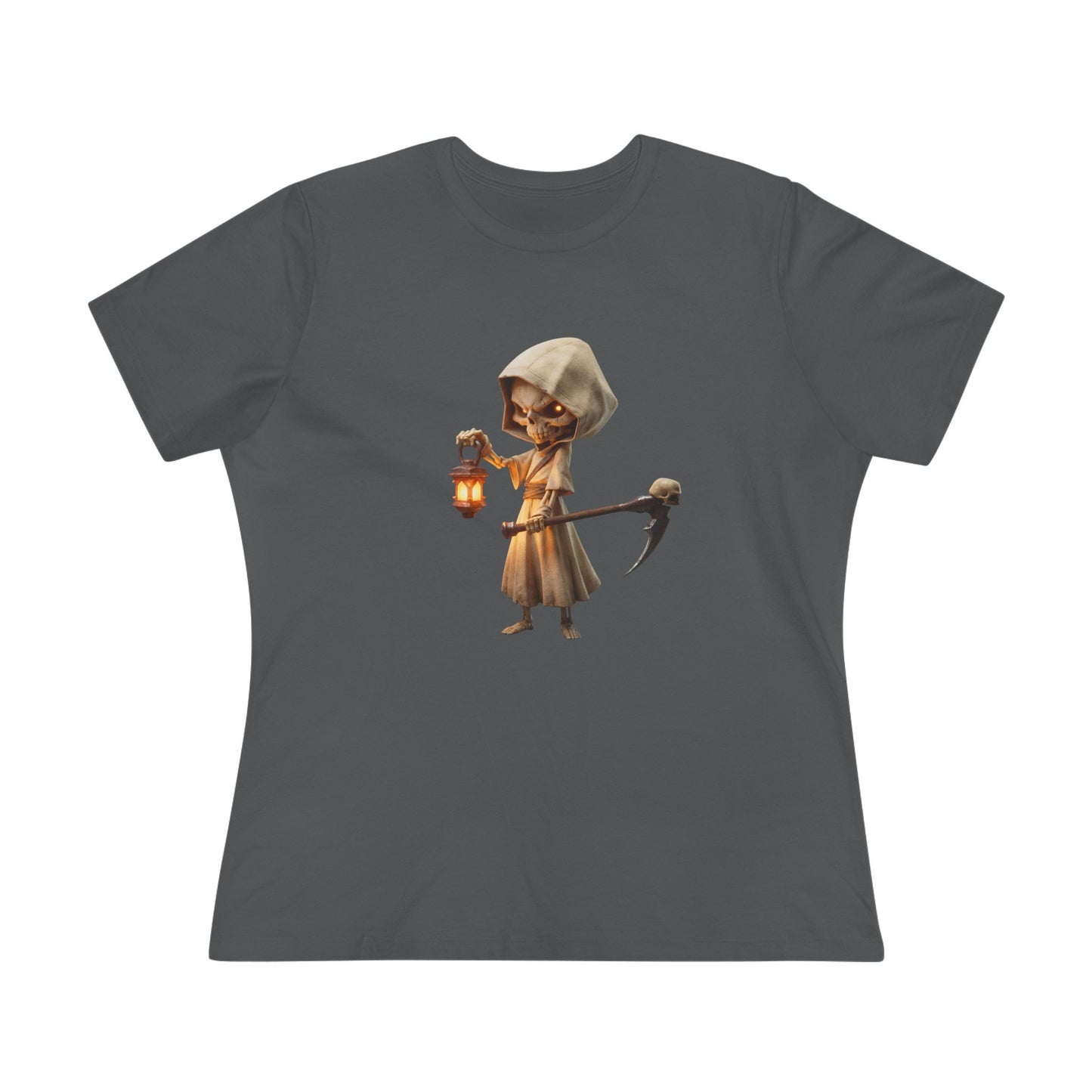 Lantern-Bearing Sentinel Women's Cotton Tee – Hooded Guardian with Scythe