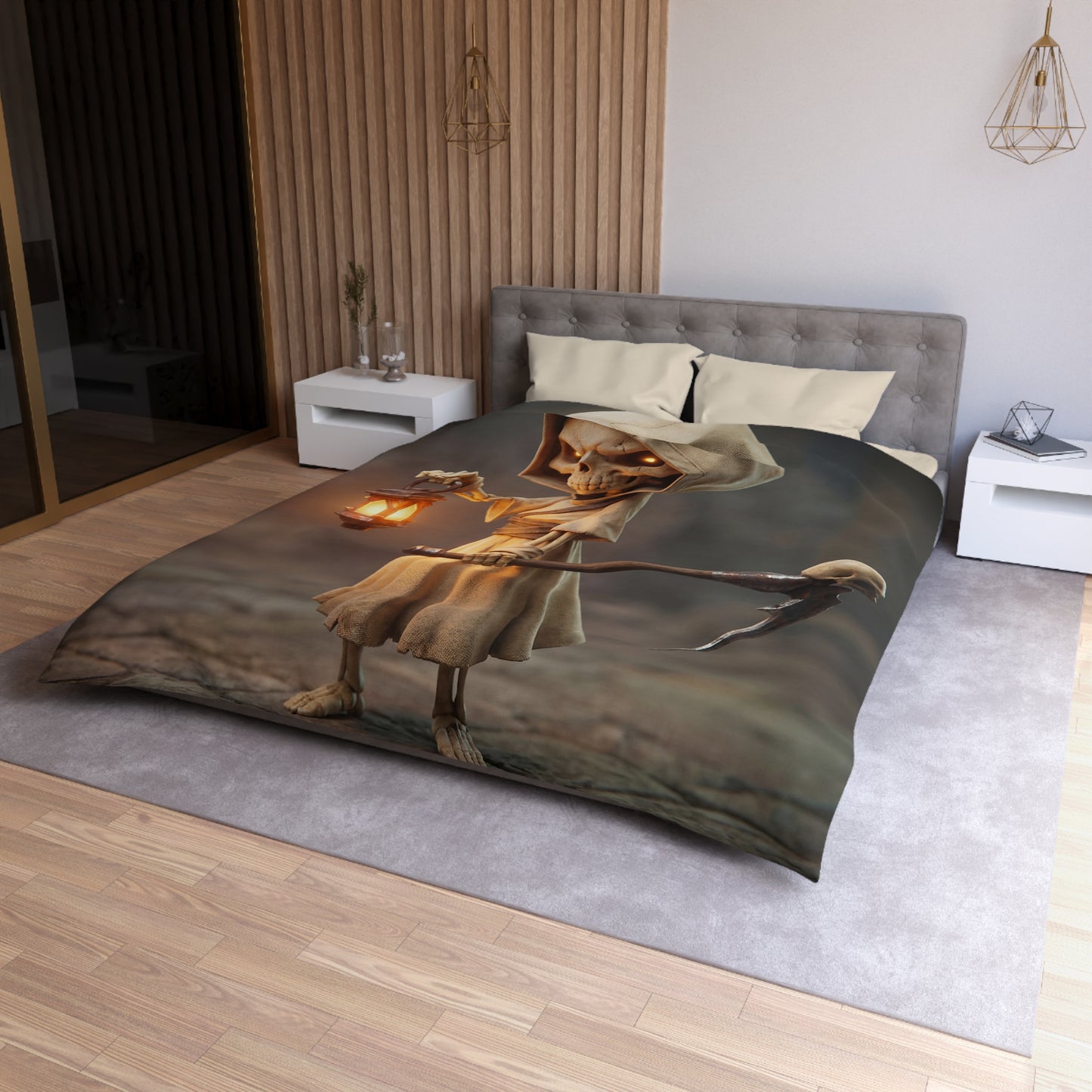 Lantern-Bearing Reaper Microfiber Duvet Cover – Warm Glow Through Twilight Shadows