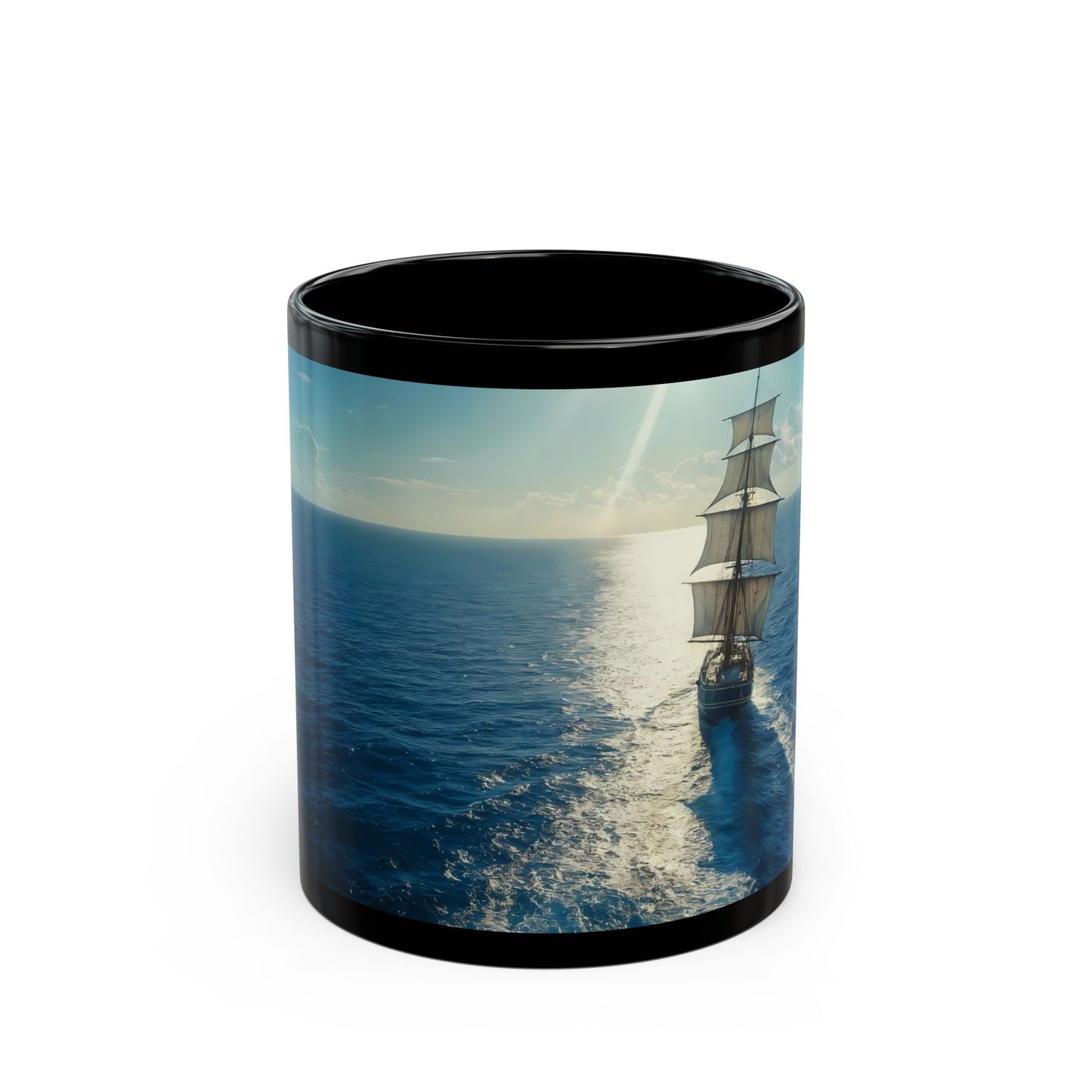Sailboat Horizon Black Mug – Sunlit Seascape Voyage