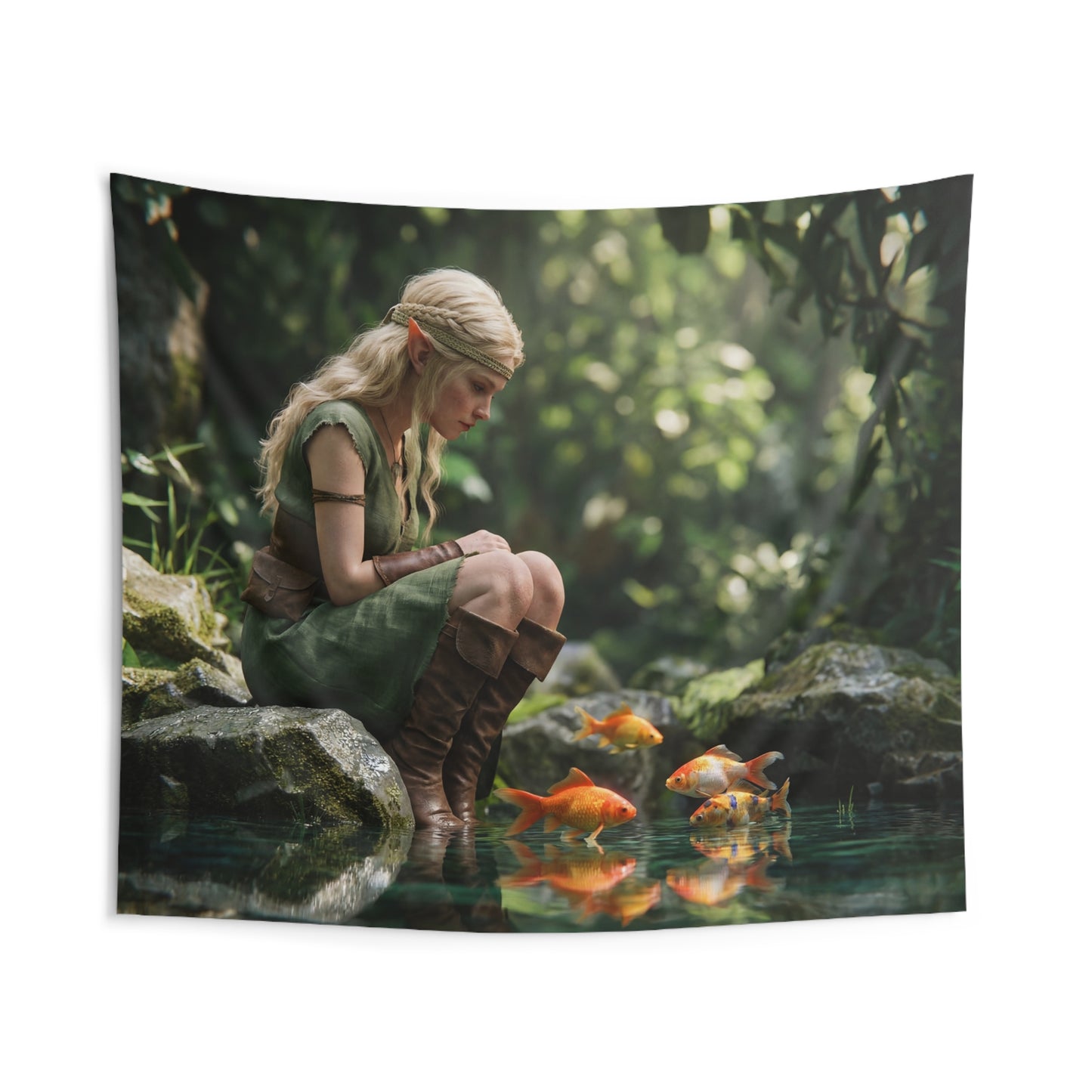 Elven Whisperer Indoor Wall Tapestries – Golden Fish Serenade in Mossy Glen