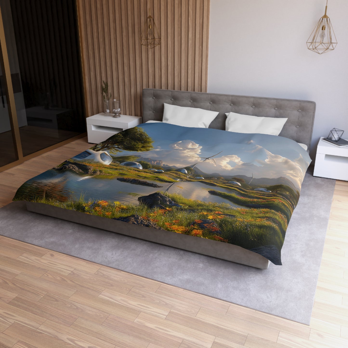 Futuristic Dome Village Microfiber Duvet Cover – Sunrise Over Green Energy Dreams