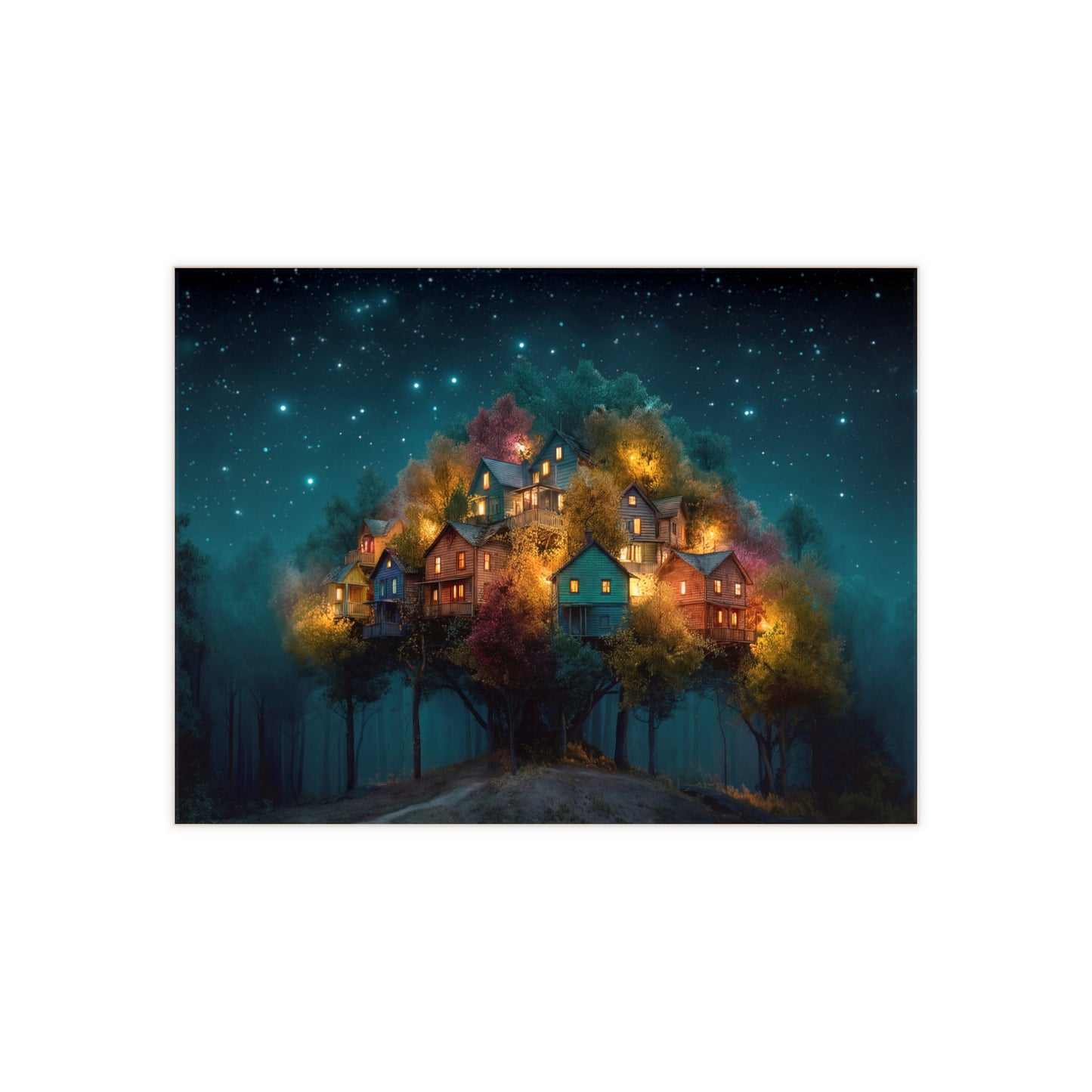 Starlit Hillside Village Ceramic Photo Tile – Warm Lights in the Twilight Woods