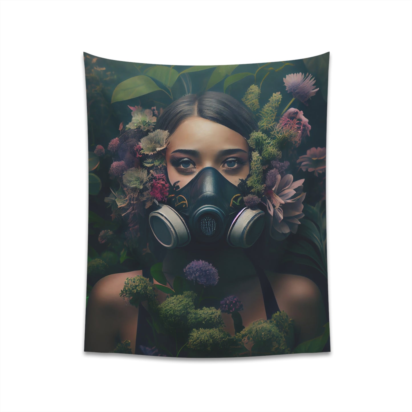 a beautiful woman wearing a gas mask filled with plants and flowers and moss - Printed Wall Tapestry