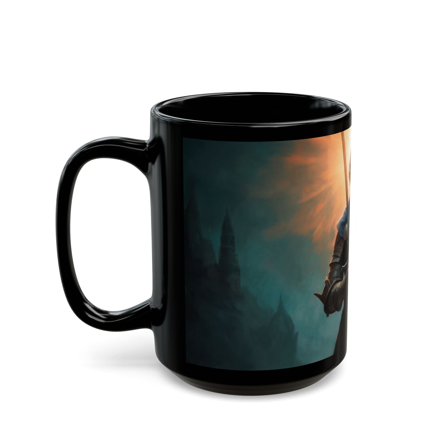 Dawn-Kissed Knight Black Mug – Armor of Resolve Coffee Cup