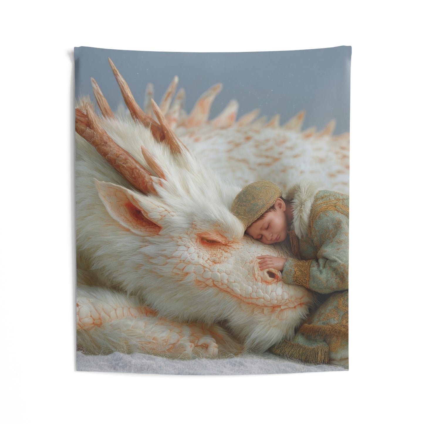 Child and White Dragon Indoor Wall Tapestries – Snowbound Serenity Dreamscape