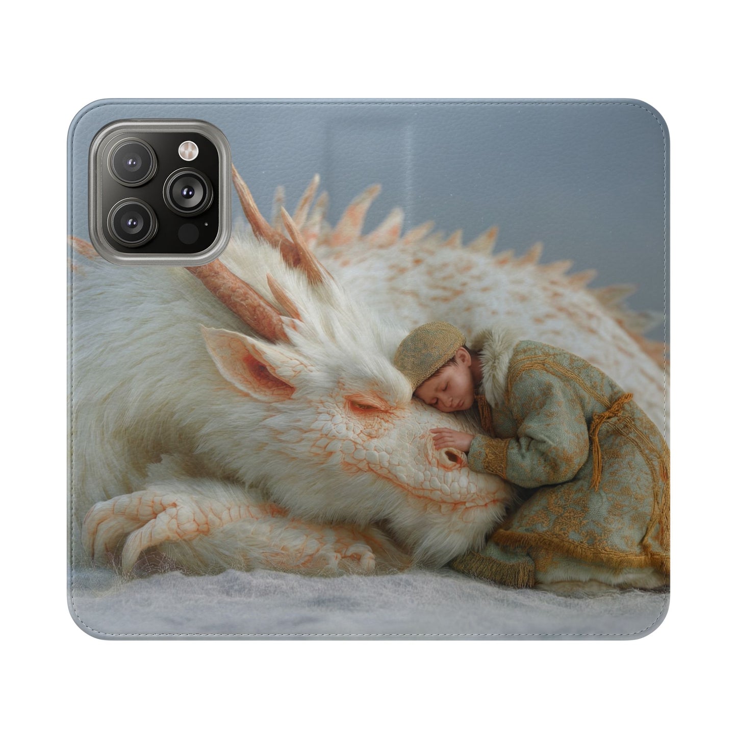 Sleeping Child and Dragon Flip Cases – Snowy Guardian Embrace