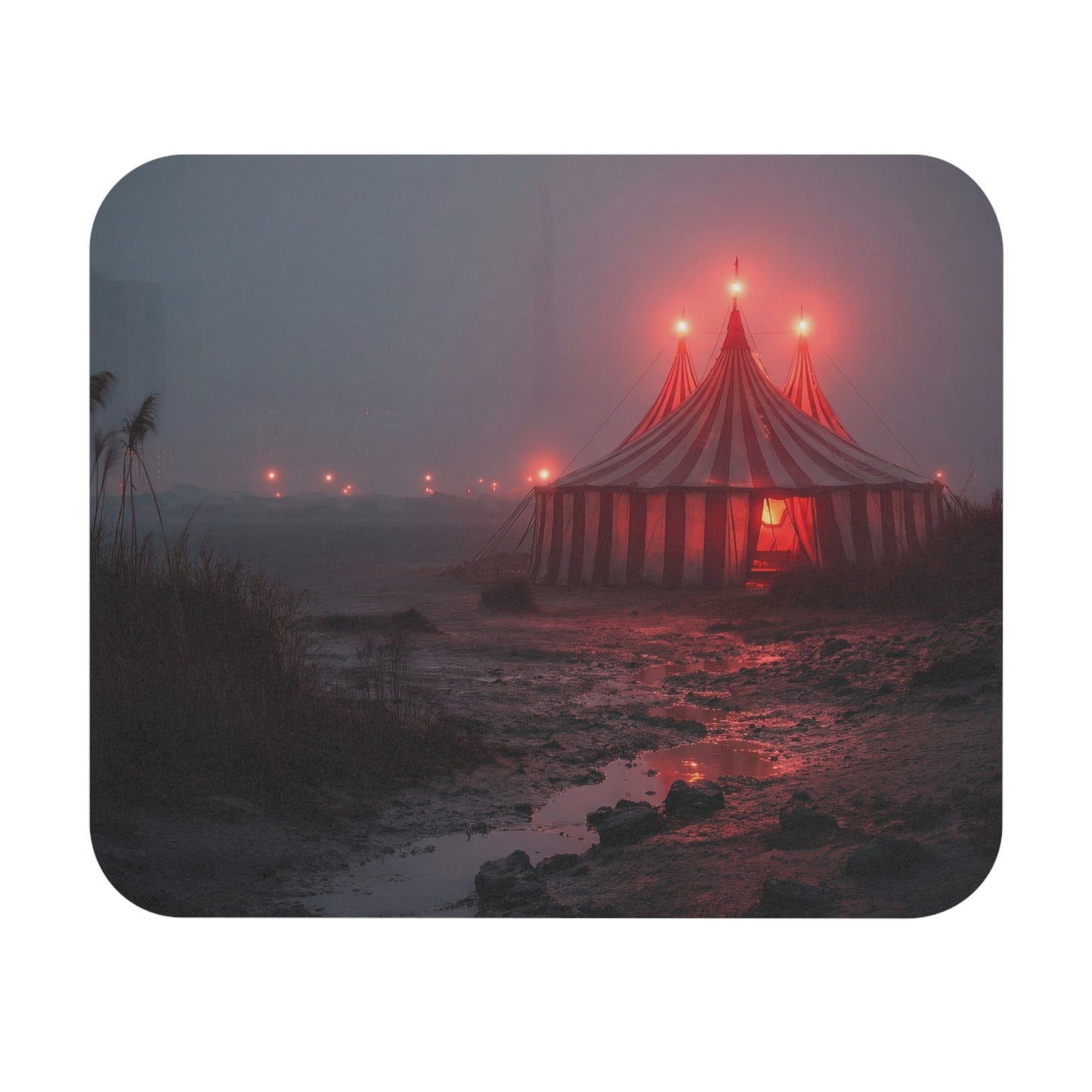 Crimson Carnival Tent Mouse Pad – Foggy Shoreline Wonder