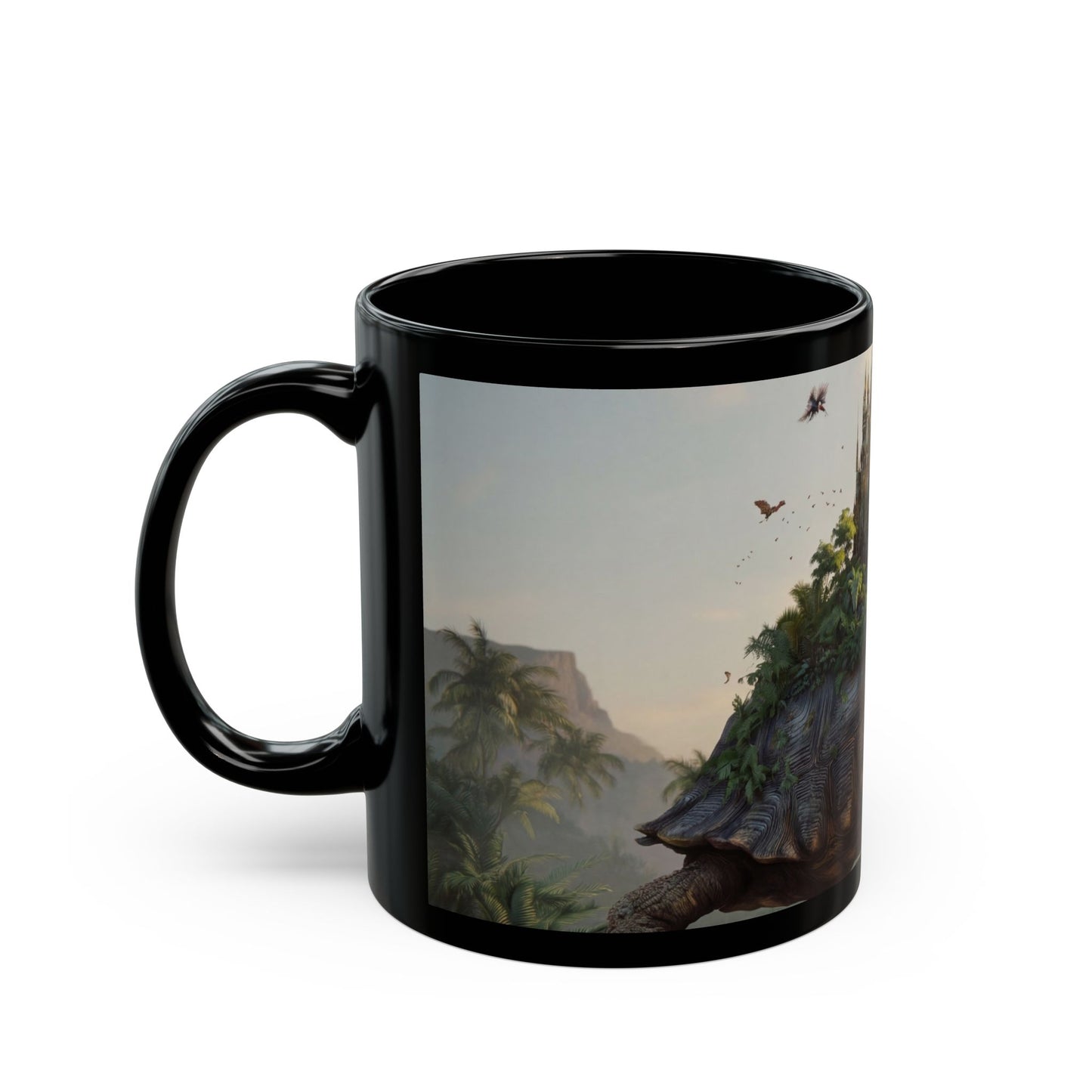 Castle on Turtle’s Back Black Mug – Sunlit Jungle Sanctuary