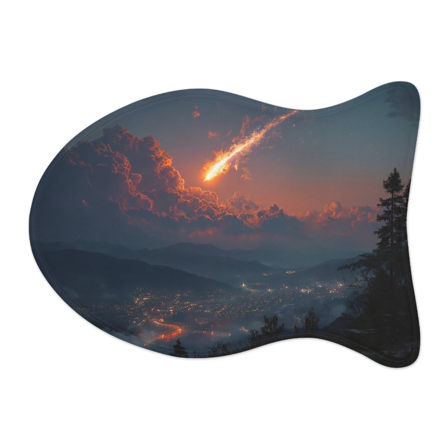 Meteor Over Valley Pet Feeding Mats – Fiery Trail Across Twilight Hills