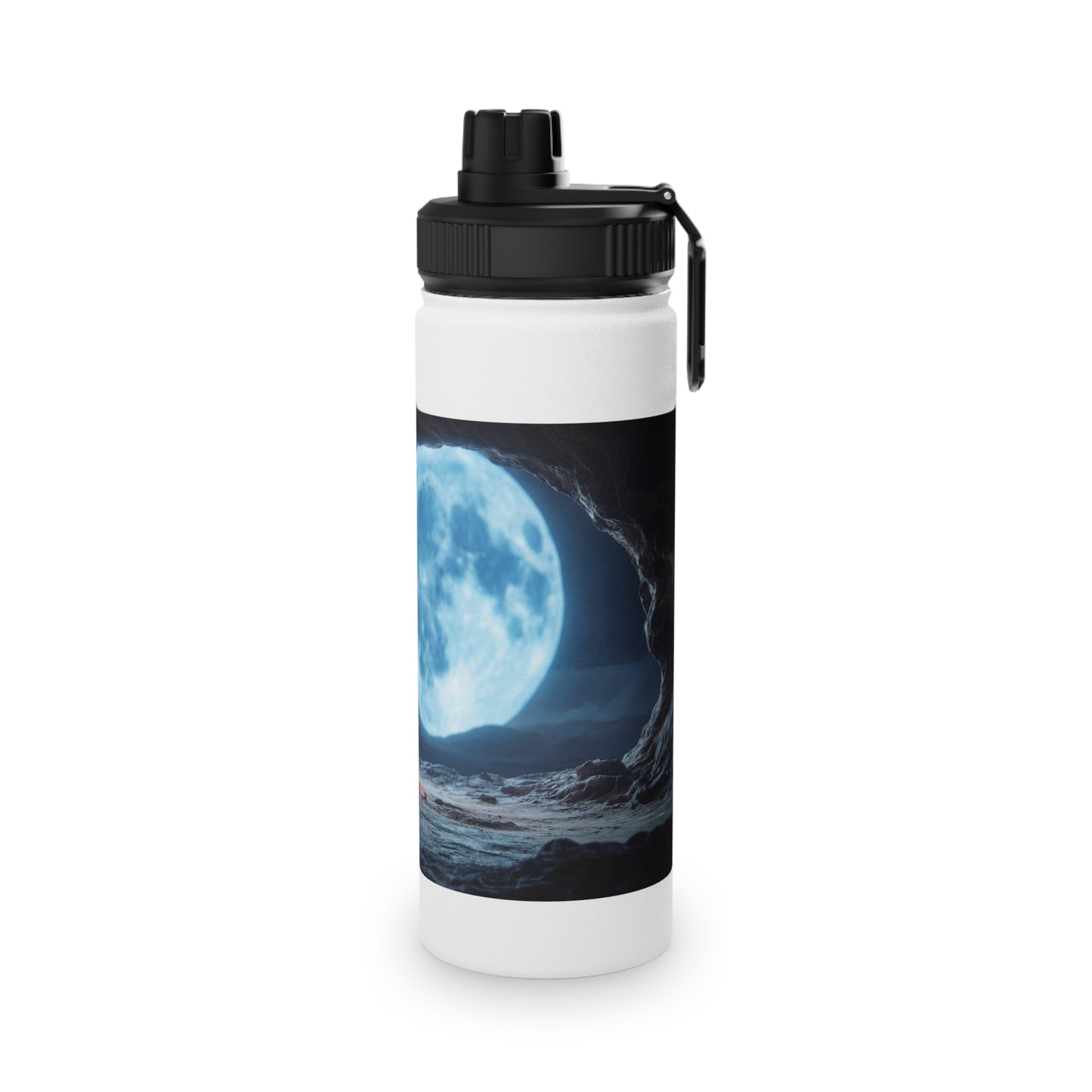 Moonlit Monk Stainless Steel Water Bottle, Sports Lid – Serene Cave Meditation Scene
