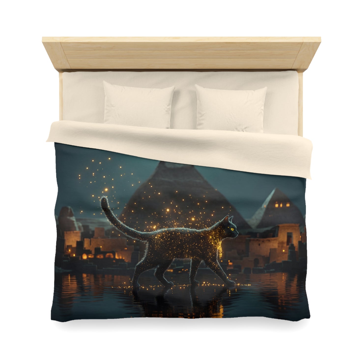 Pharaoh’s Guardian Duvet Cover – Glowing Cat at the Pyramids Microfiber Bedding
