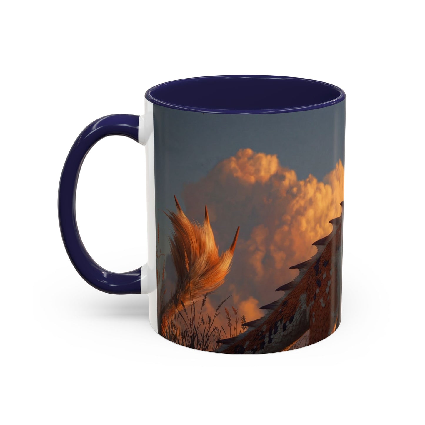 Sunset Dragon Accent Coffee Mug (11, 15oz) – Warm Ember Guardian in Golden Grasses