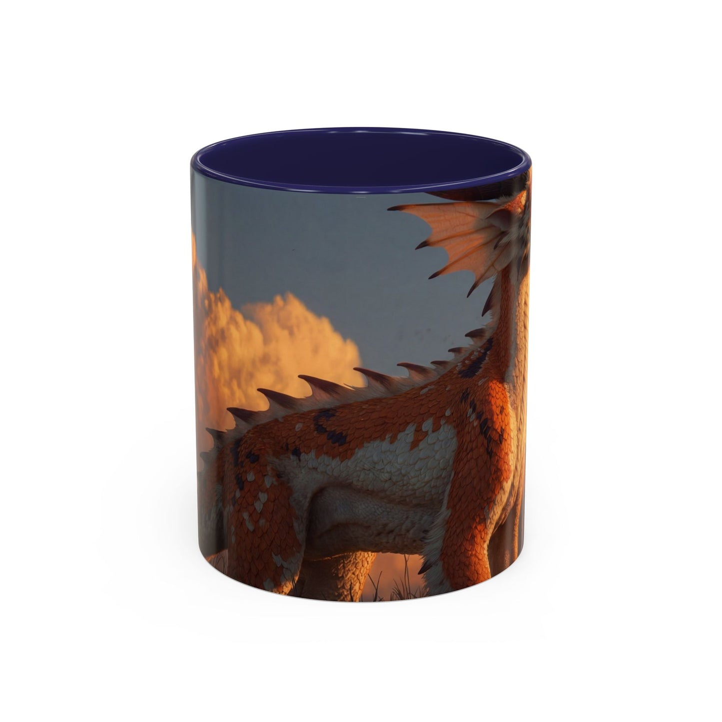 Sunset Dragon Accent Coffee Mug (11, 15oz) – Warm Ember Guardian in Golden Grasses