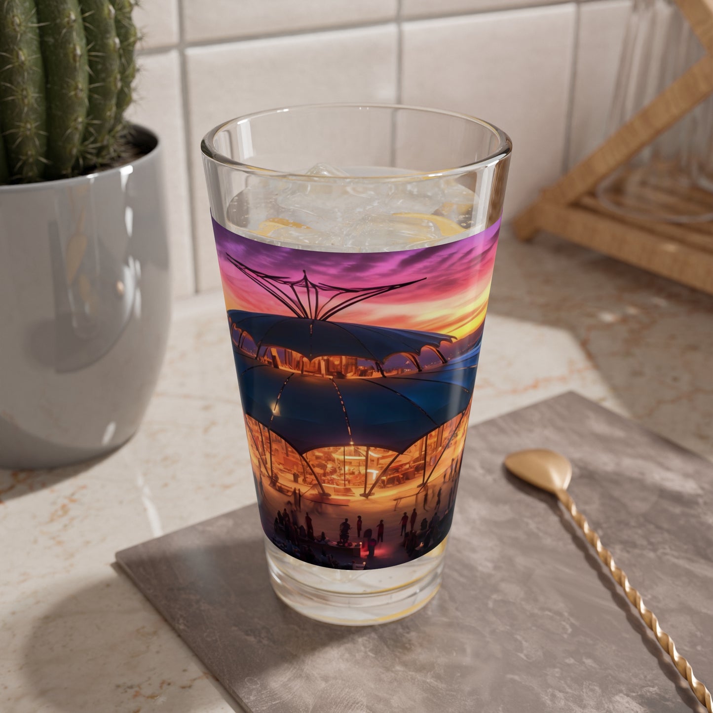 A magical aurora borealis illuminates the Burning Man festival, casting an ethereal glow on the diverse tapestry of human expression below.  - Mixing Glass, 16oz