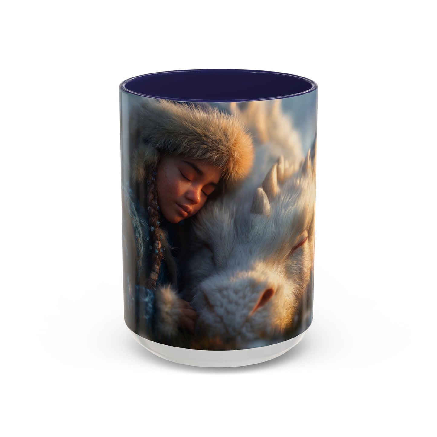 Winter Guardian Accent Coffee Mug (11, 15oz) – Fur-Hooded Child Sleeping Beside White Dragon Sentinel