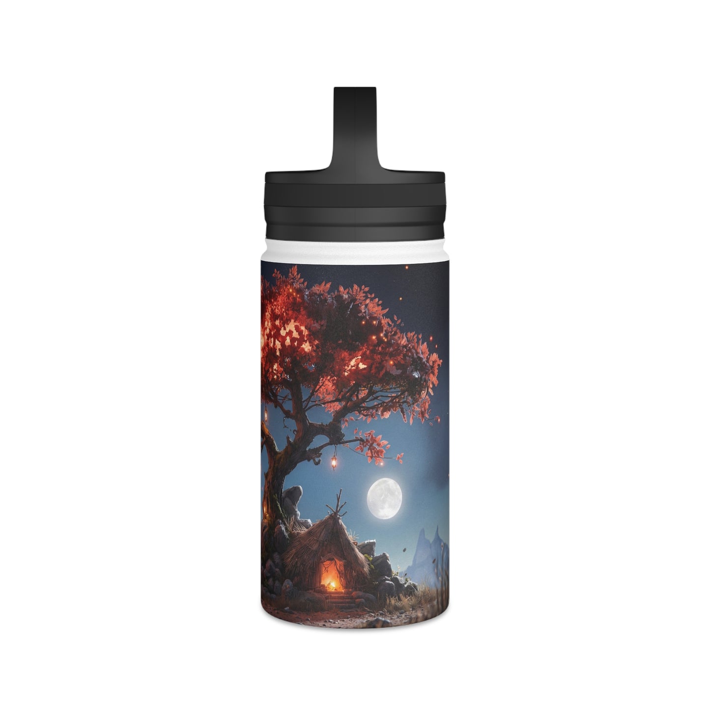 Whispering Flame Tree Stainless Steel Water Bottle, Handle Lid – Moonlit Campfire Sanctuary