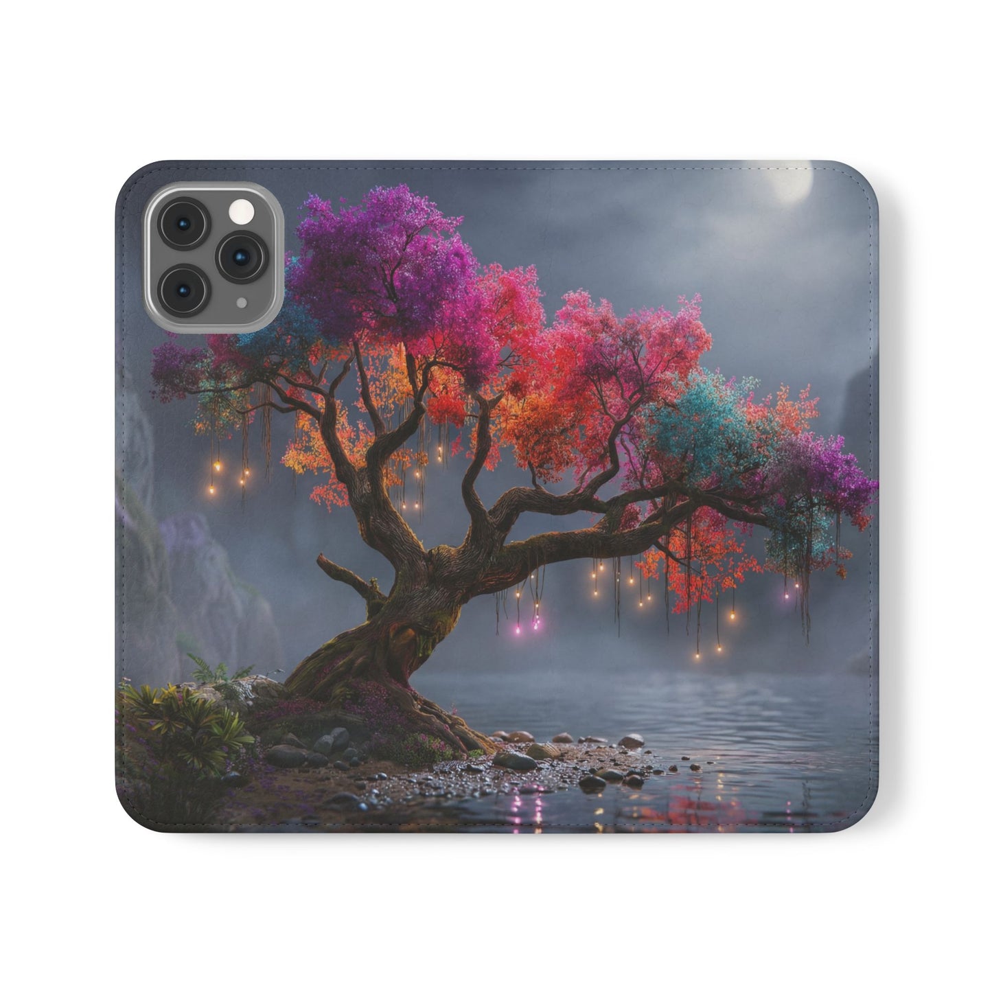 Chromatic Canopy Flip Cases – Rainbow Tree Moonlit Waterfall Scene
