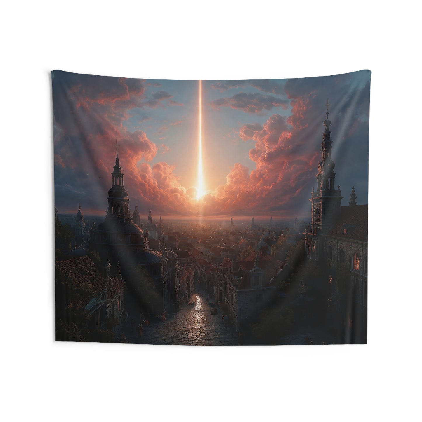 Celestial Beam Over Ancient City Tapestries – Twilight’s Divine Light
