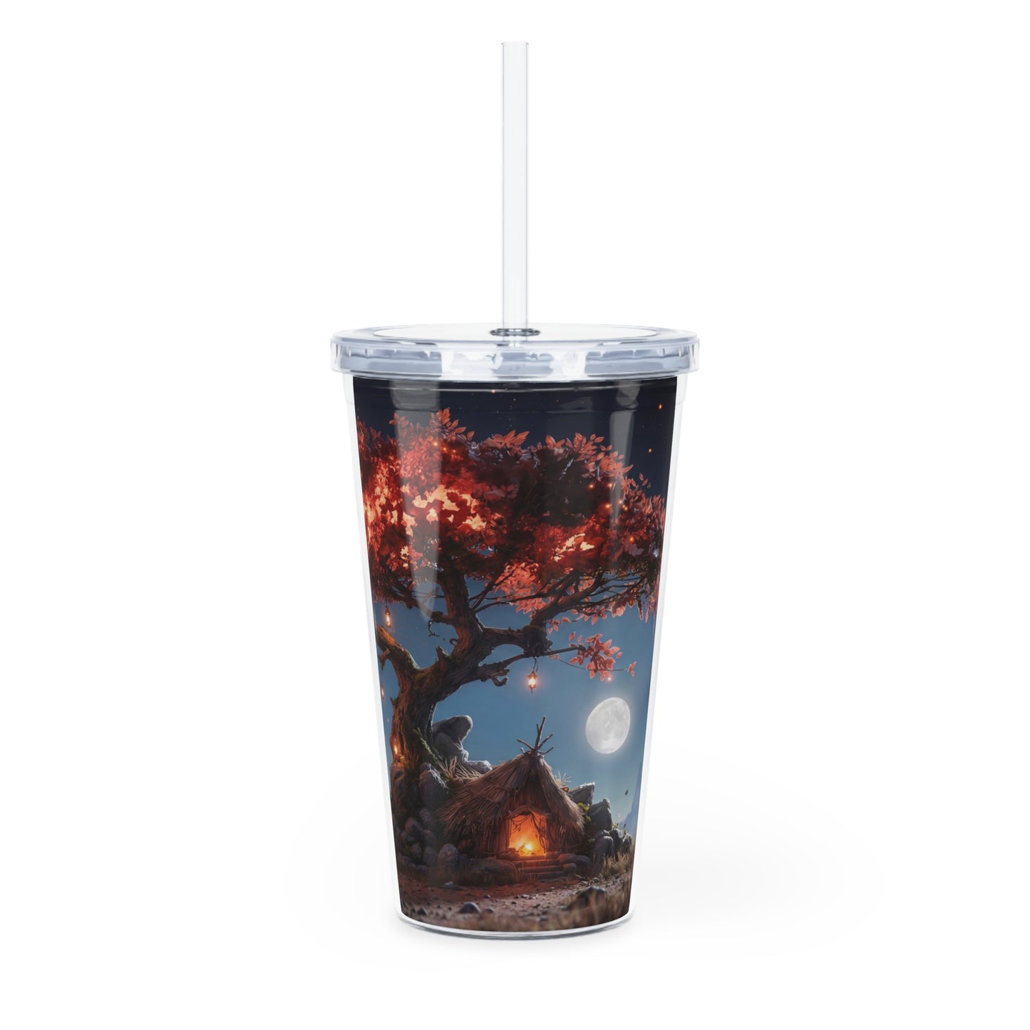 Whispering Ember Tree Plastic Tumbler with Straw – Moonlit Haven Under Crimson Canopy