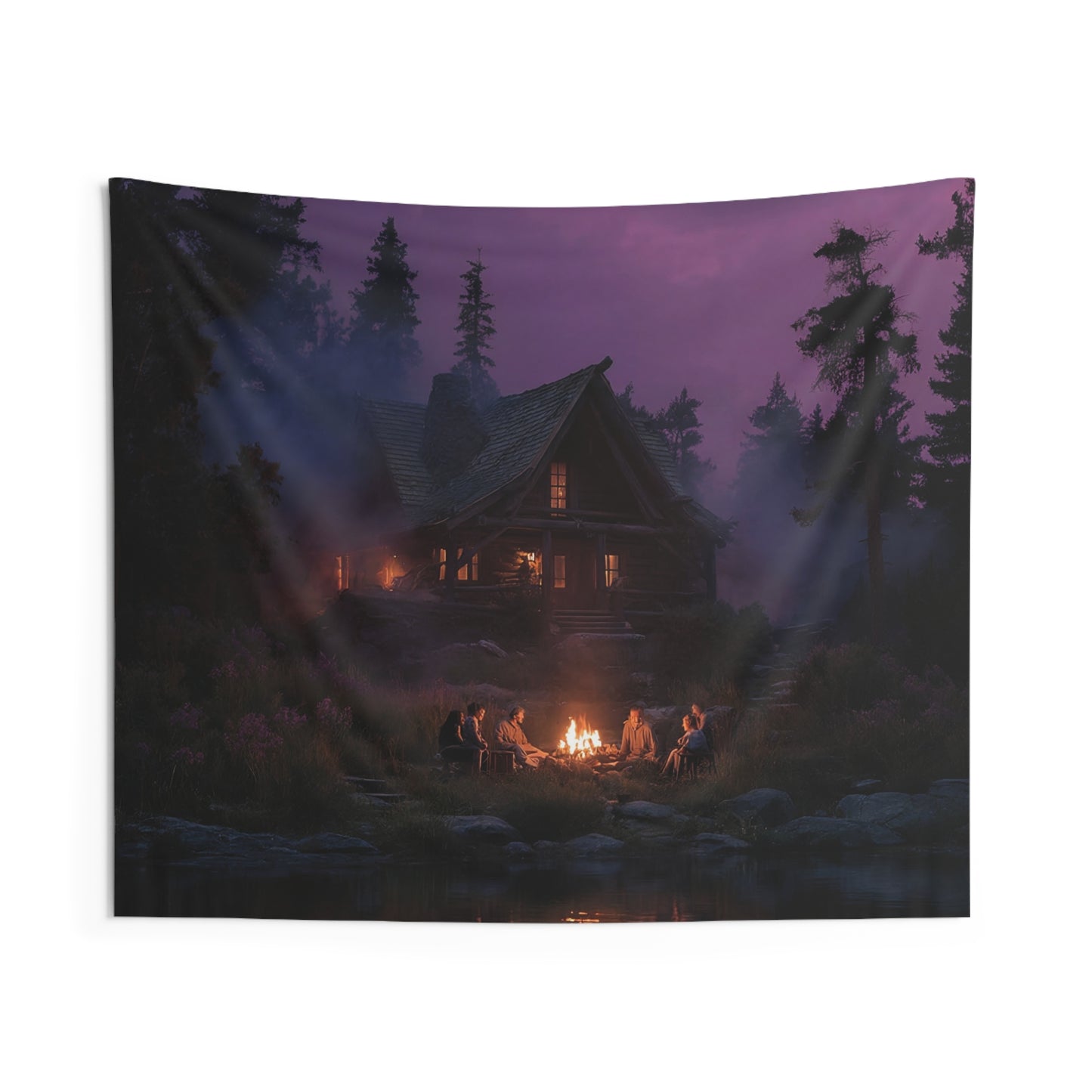 Whispering Pines Cabin Tapestry – Twilight Gathering by the River