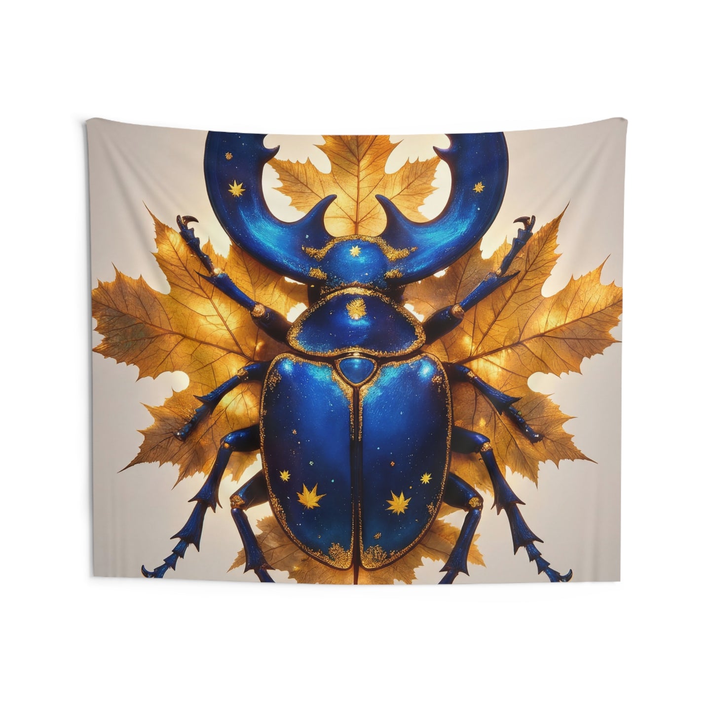 Celestial Beetle Indoor Wall Tapestries – Starry Blue Guardian Among Autumn Leaves