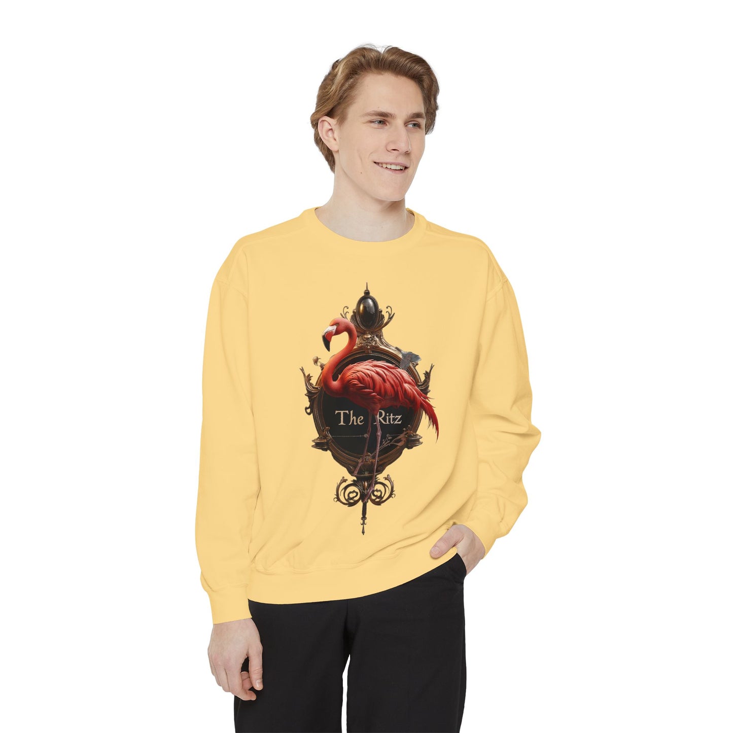 Ritz Flamingo Unisex Garment-Dyed Sweatshirt – Brass Ornate Crest with Pink Bird