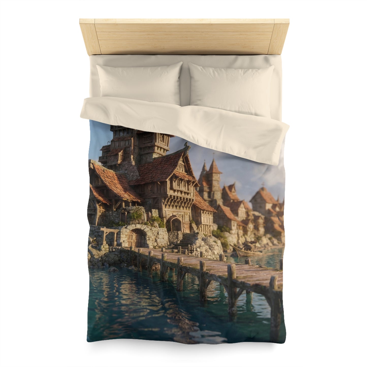 Seafarer’s Haven Microfiber Duvet Cover – Sunlit Harbor Dreamscape