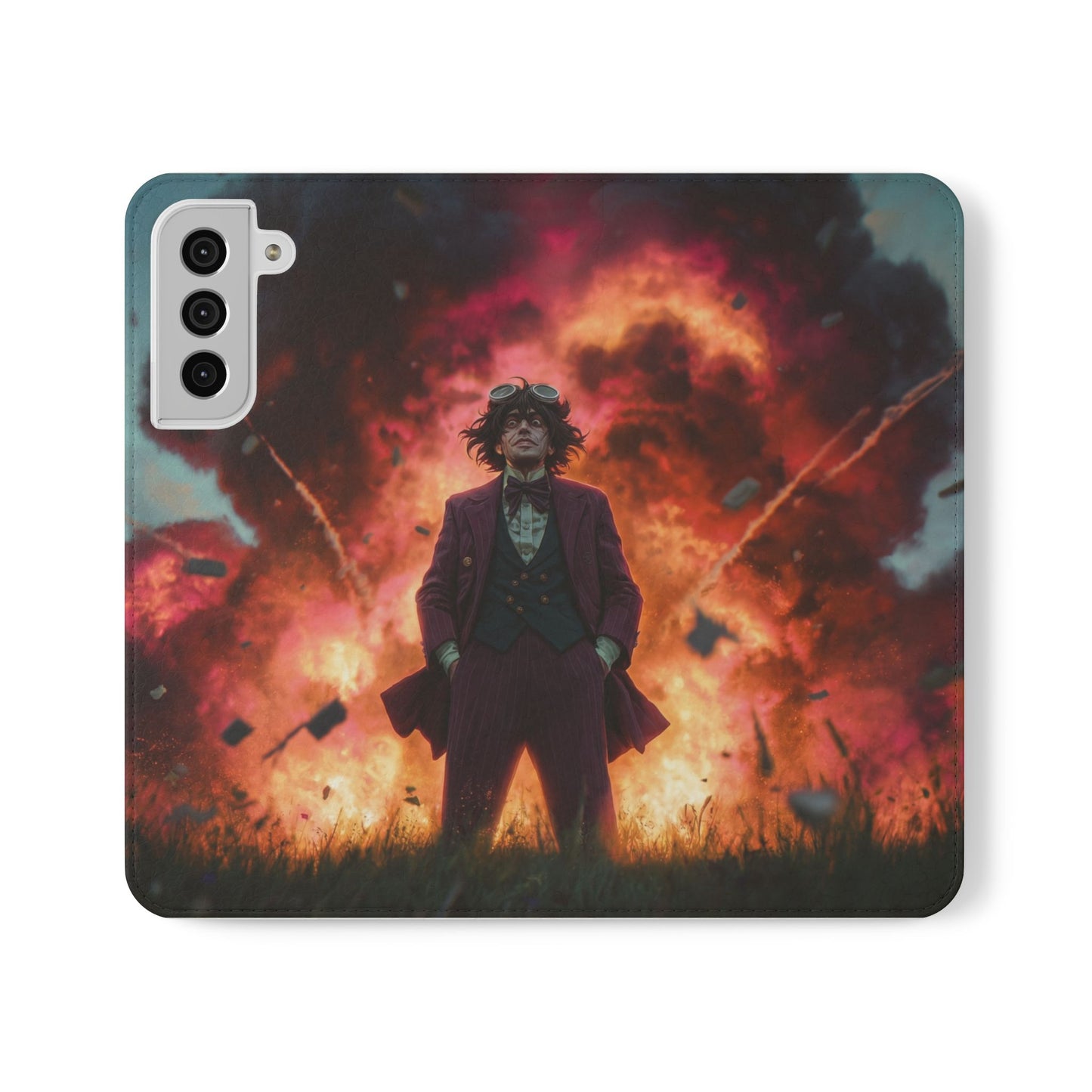 Goggles & Chaos Flip Cases – Purple Suit Amidst Fiery Explosion