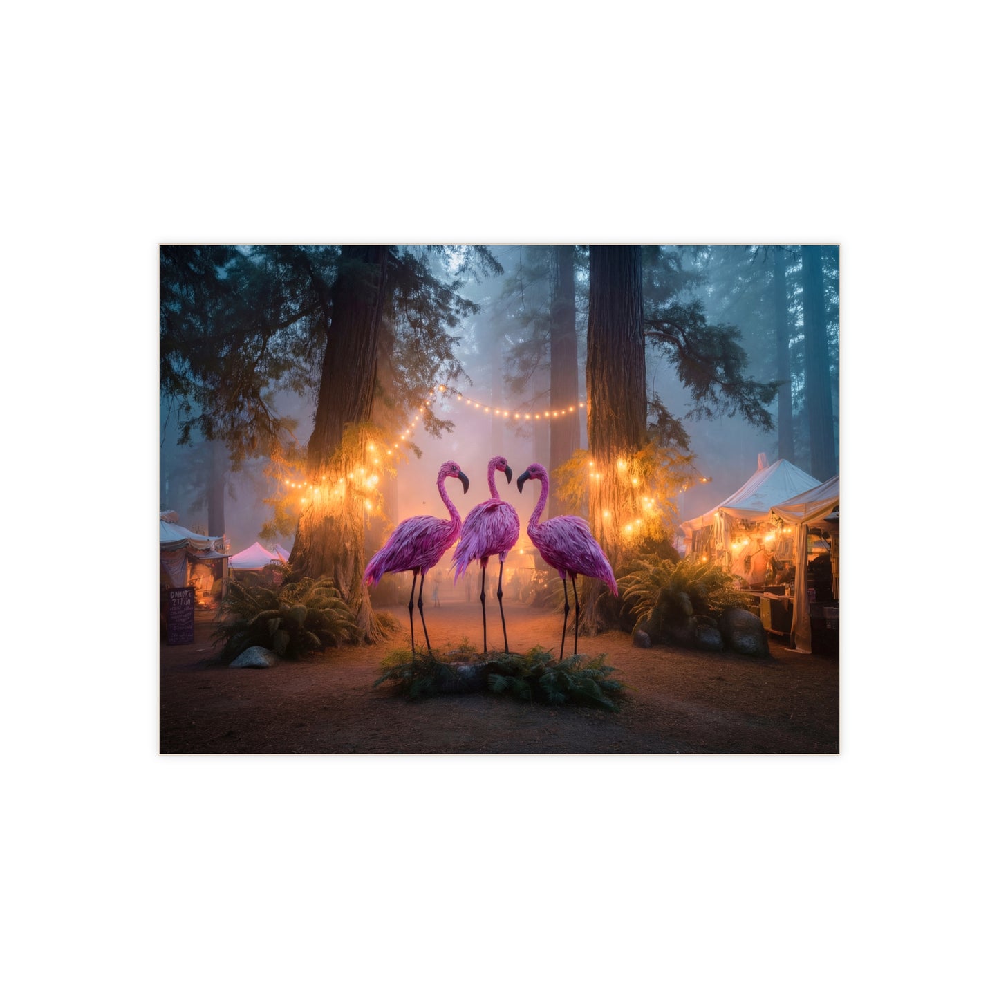Pink Flamingo Forest Gathering Ceramic Photo Tile – Whimsical Twilight Market Scene