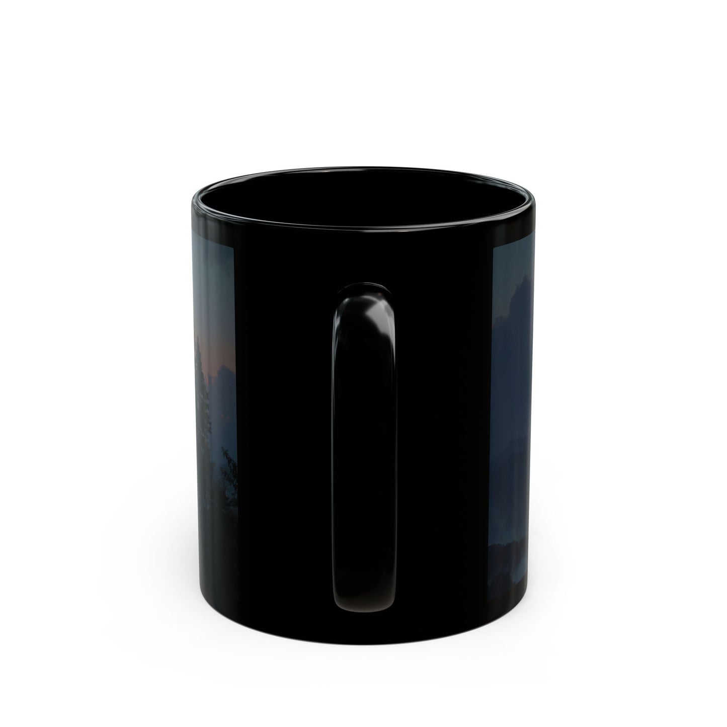 Celestial Fireball Black Mug – Twilight Skyfall Over Mountain Vale