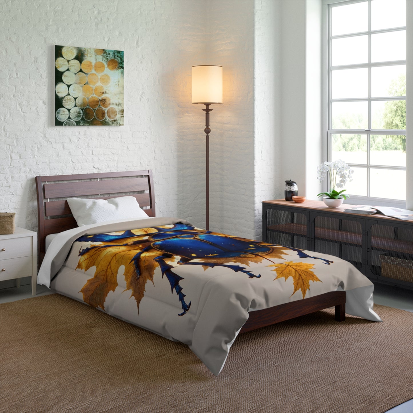 Celestial Beetle Comforter – Starry Blue Guardian Among Autumn Leaves