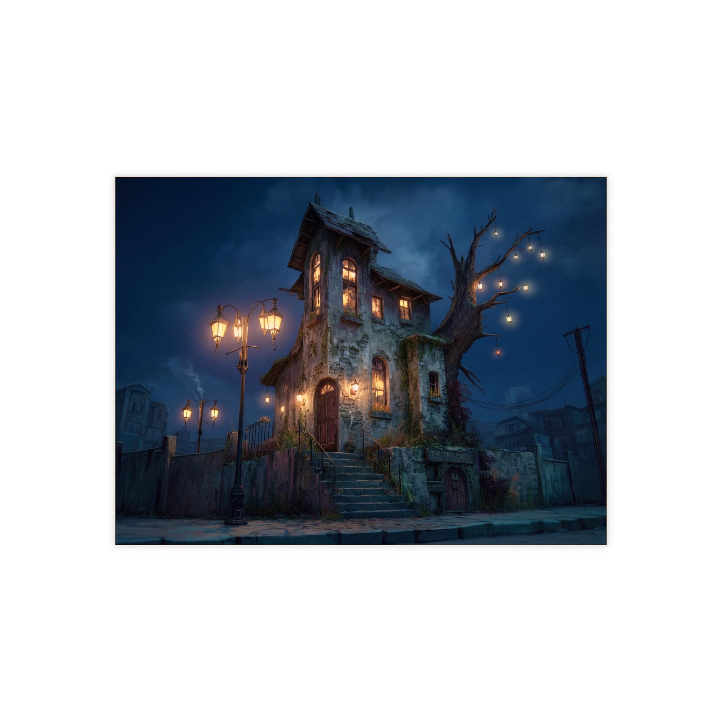 Trollskull Inn Ceramic Photo Tile – Warm Light in a Worn Stone World