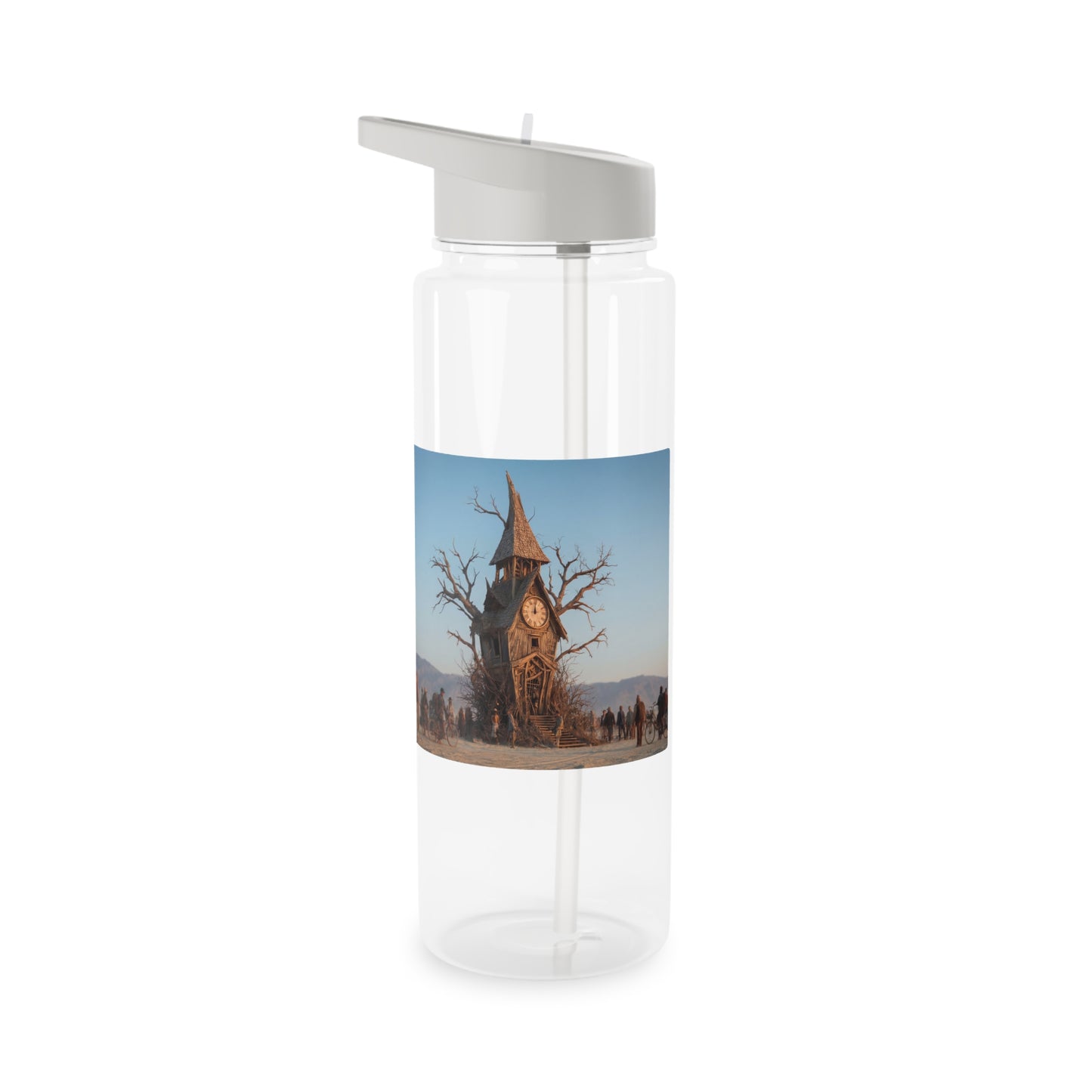 Clock Tower Tritan Water Bottle – Worn Wooden Sentinel at Sunset