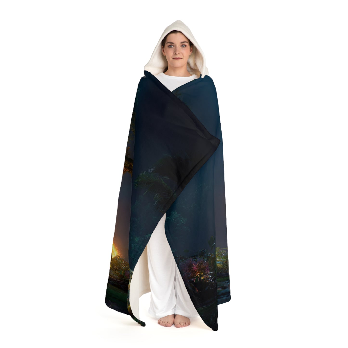 Floating Island Tree Sanctuary Hooded Sherpa Fleece Blanket – Luminous Twilight Portal