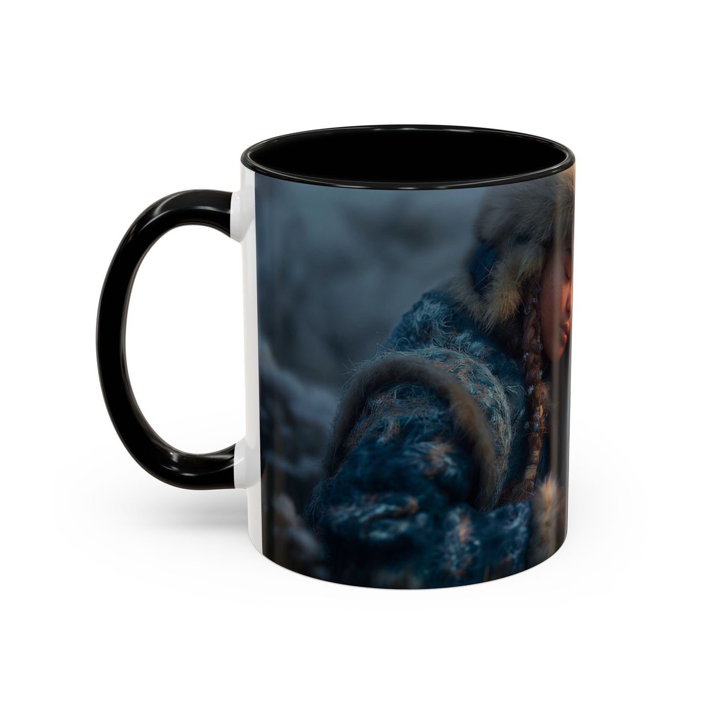 Winter Guardian Accent Coffee Mug (11, 15oz) – Fur-Hooded Child Sleeping Beside White Dragon Sentinel