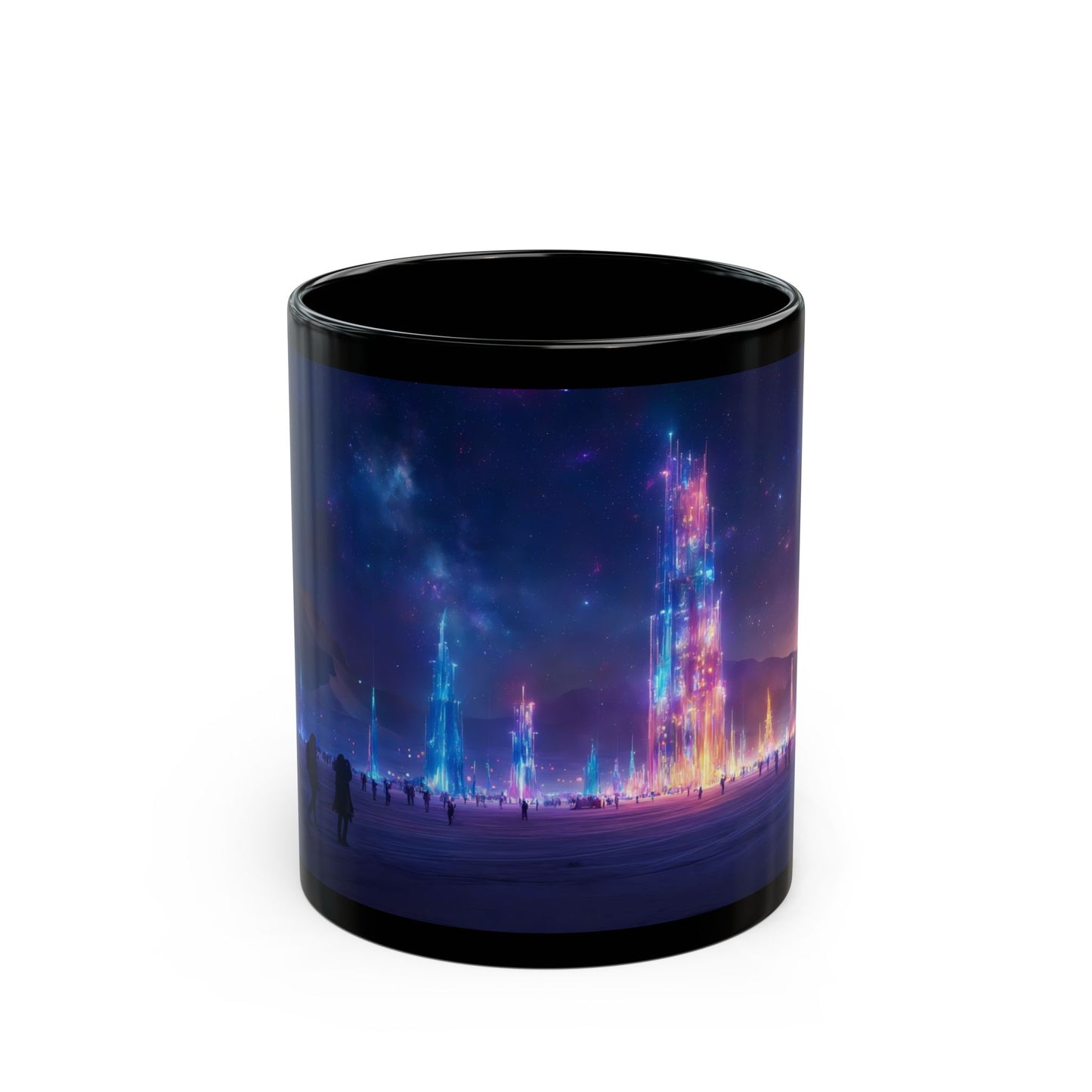 Cosmic Spire Sanctuary Black Mug – Neon Nebula Dreamscape