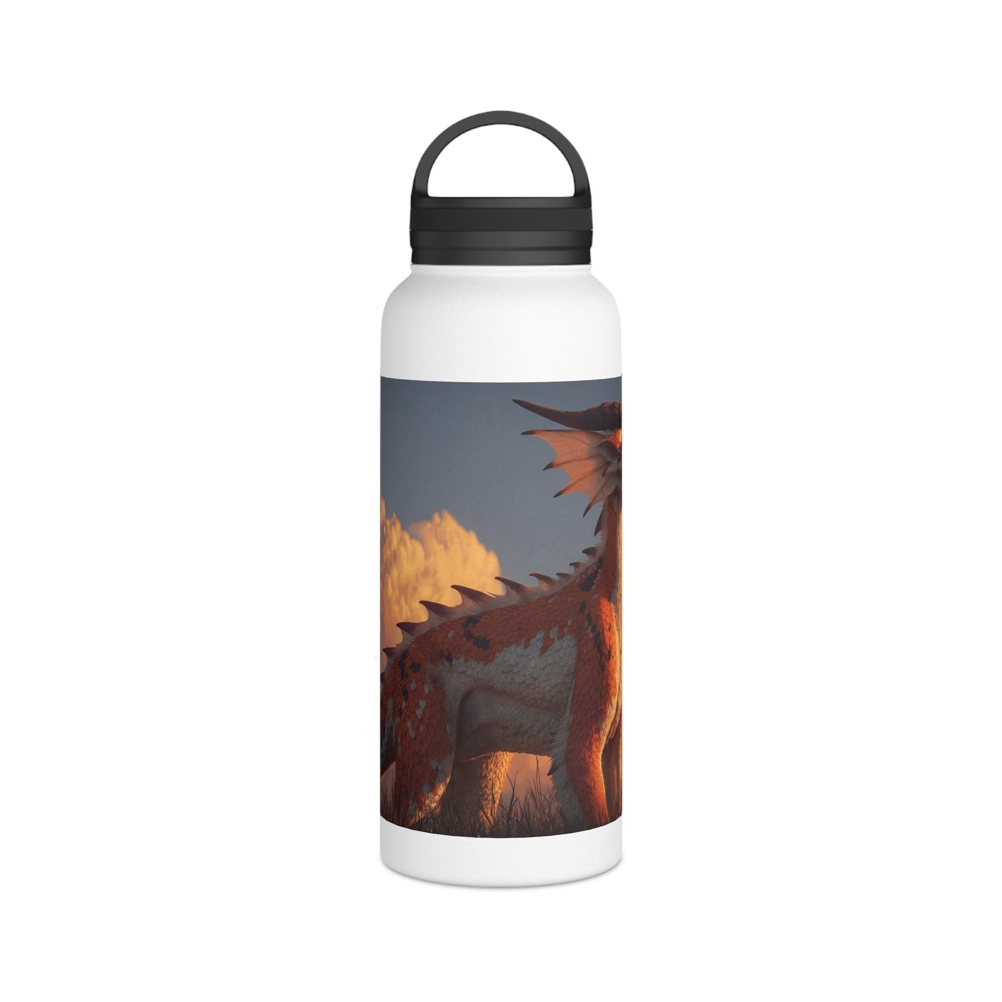 Sunset Guardian Dragon Stainless Steel Water Bottle, Handle Lid – Amber Sky Companion