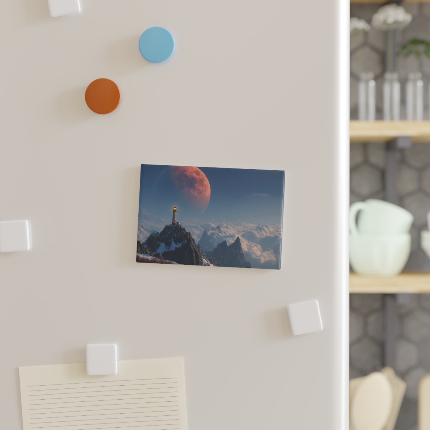 Lighthouse on Snow Peak Button Magnet, Rectangle (1 & 10 pcs) – Crimson Moon Over Cloud Sea