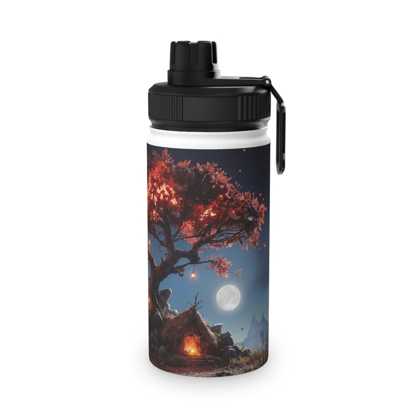 Whispering Ember Tree Stainless Steel Water Bottle, Sports Lid – Moonlit Campfire Sanctuary