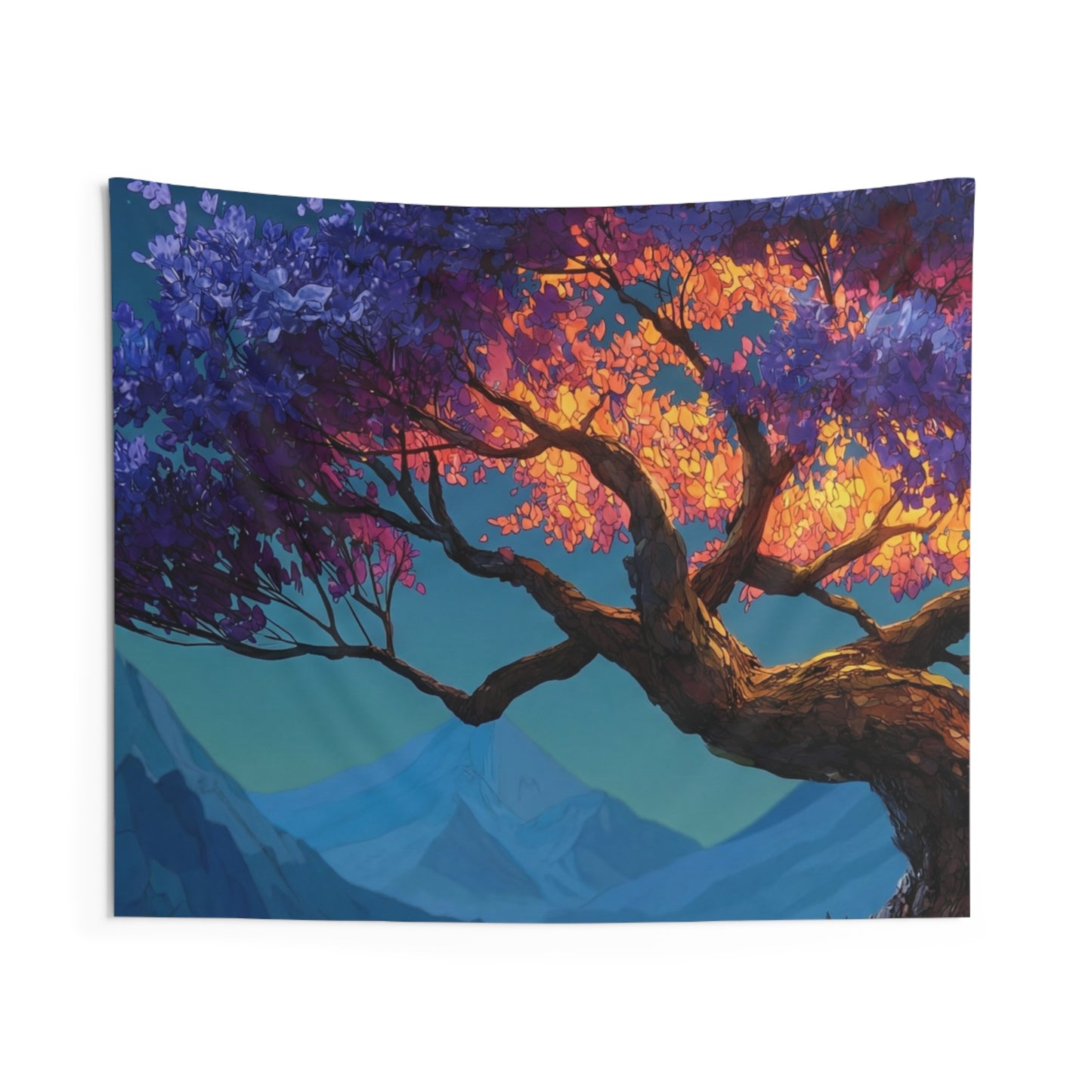 Celestial Tree Wall Tapestry – Twilight Bloom in Mountain Vale