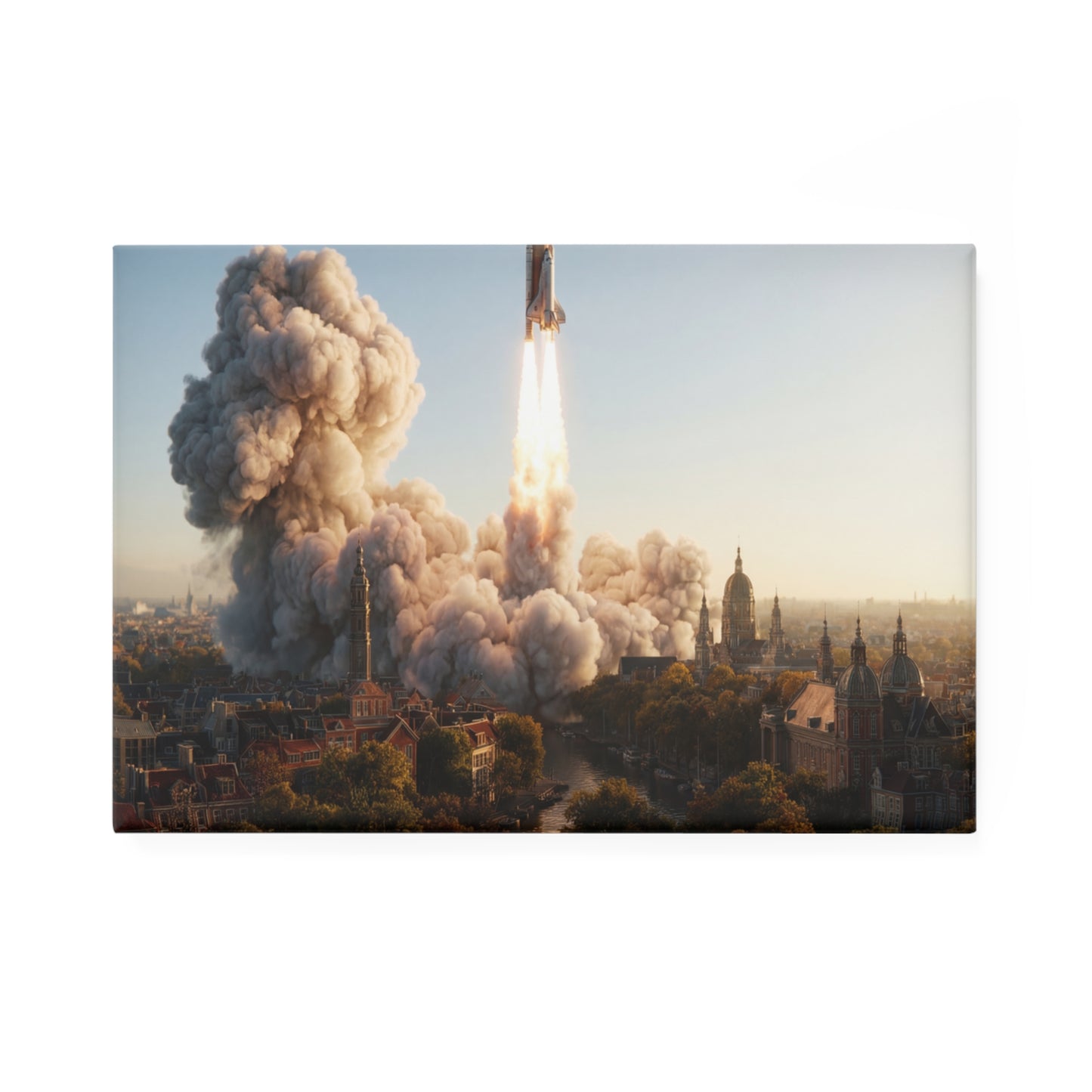 Rocket Launch Over Amsterdam Button Magnet, Rectangle (1 & 10 pcs) – Dawn’s Vertical Escape